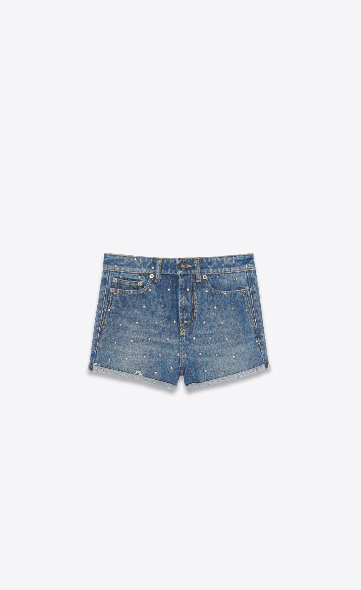 YSL High-waisted Shorts In Studded Fall Blue Denim Fall Blue | CPMKB3268