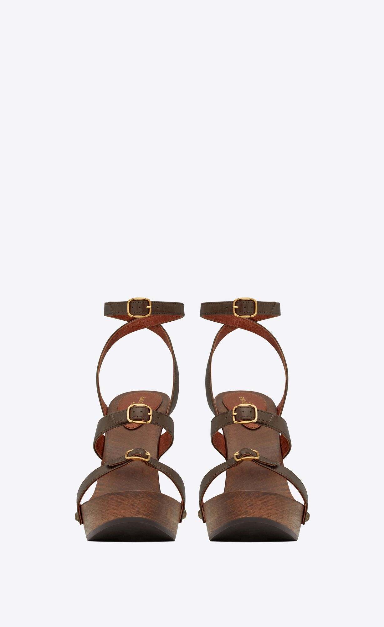 YSL Joan Platform Sandals In Smooth Leather And Wood Coffee | SATXF1649