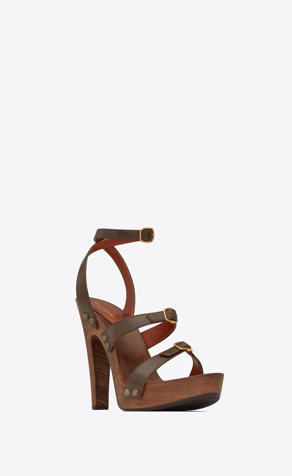 YSL Joan Platform Sandals In Smooth Leather And Wood Coffee | SATXF1649