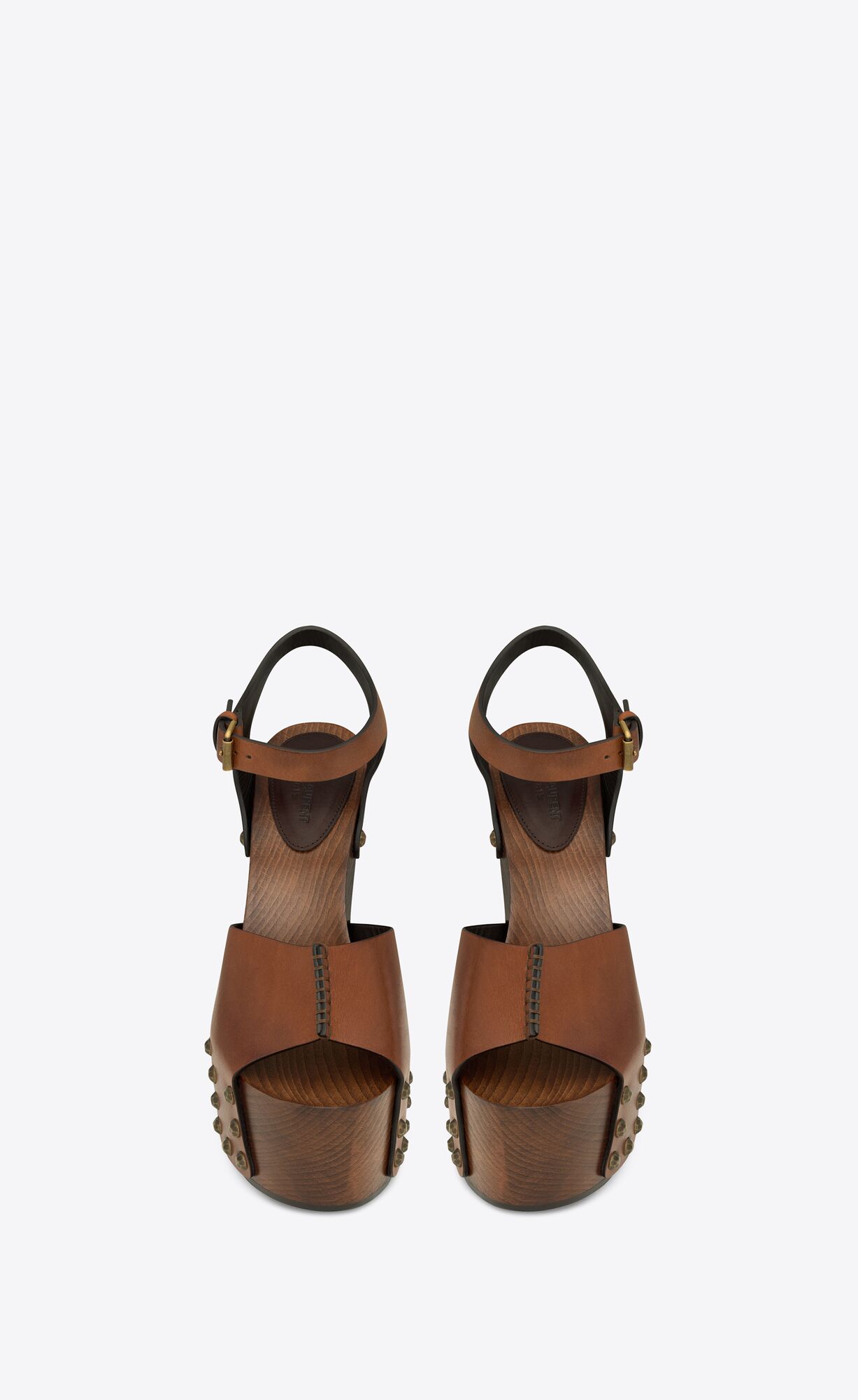 YSL Joan Platform Sandals In Smooth Leather And Wood Noisette | URQNY0384