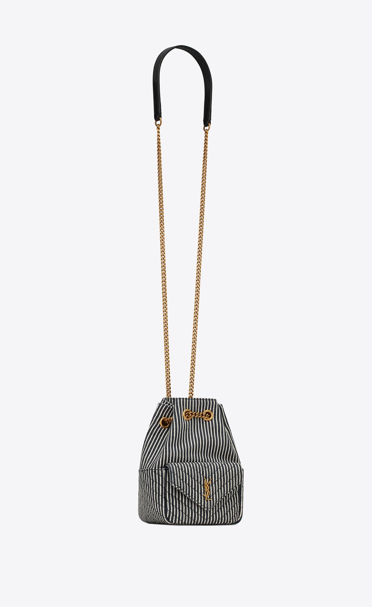 YSL Joe Mini Bucket Bag In Micro Stripped Denim Marine And Vintage White | EVUJR3071