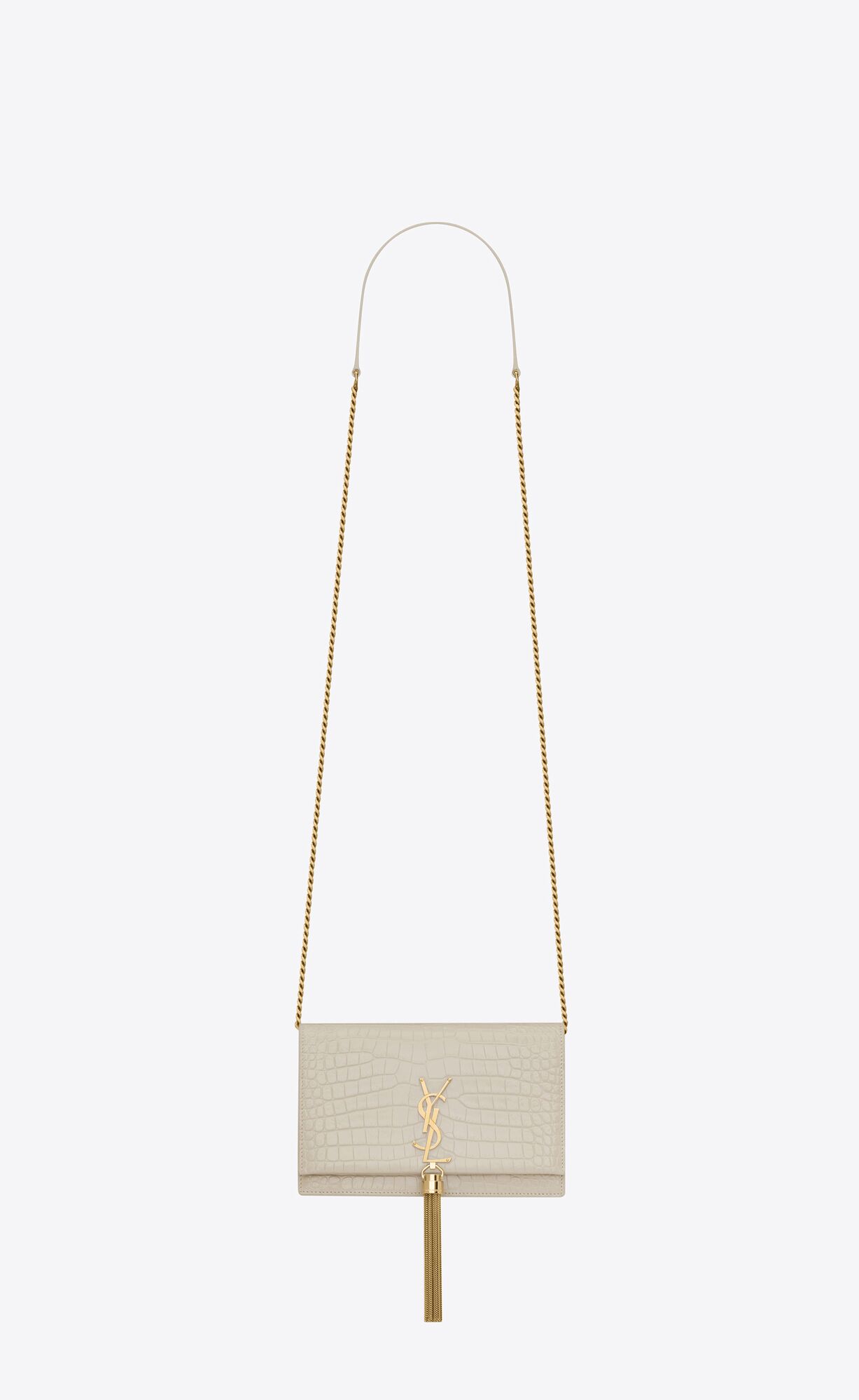 YSL Kate Chain Wallet With Tassel In Crocodile-embossed Shiny Leather Blanc Vintage | MXTAF0215