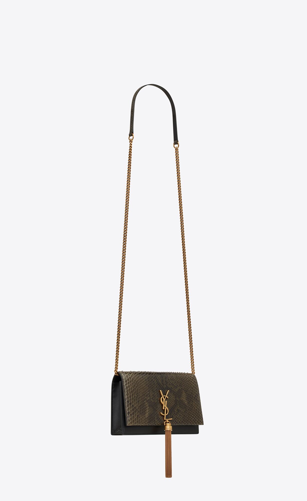 YSL Kate Chain Wallet With Tassel In Python Vert Militaire And Noir | ULJPZ1908