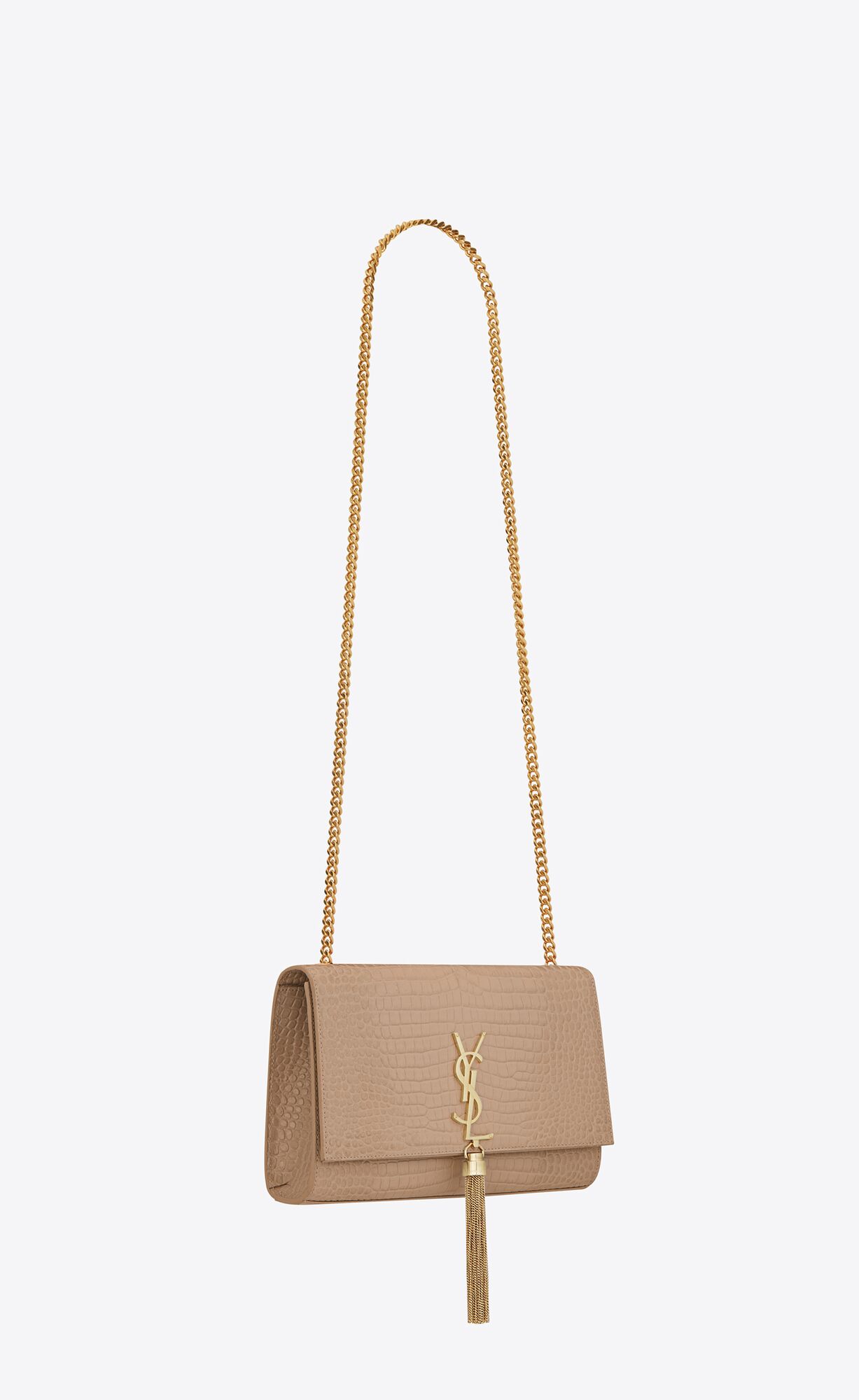 YSL Kate Medium Chain Bag With Tassel In Crocodile-embossed Shiny Leather Dark Beige | AQULR9452