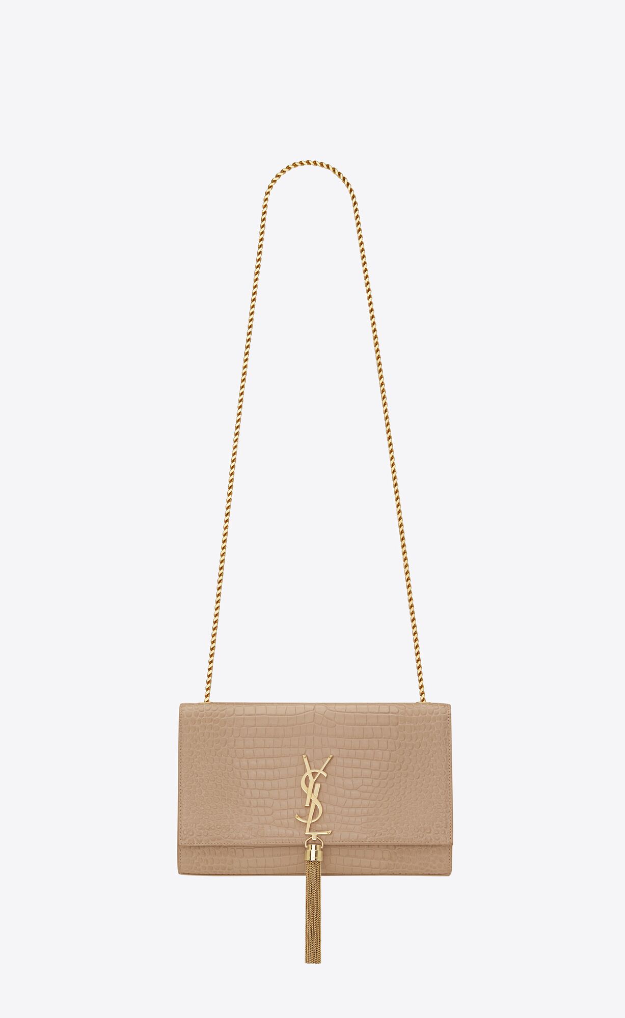 YSL Kate Medium Chain Bag With Tassel In Crocodile-embossed Shiny Leather Dark Beige | AQULR9452