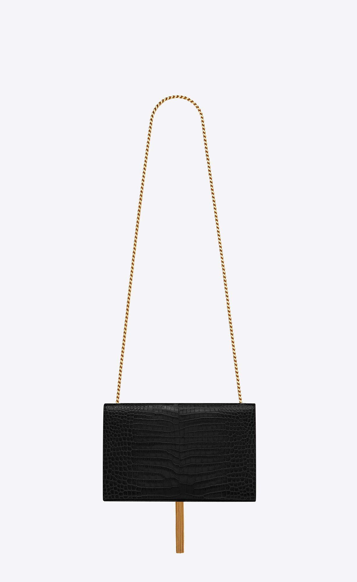 YSL Kate Medium Chain Bag With Tassel In Crocodile-embossed Shiny Leather Black | HFPVK3468