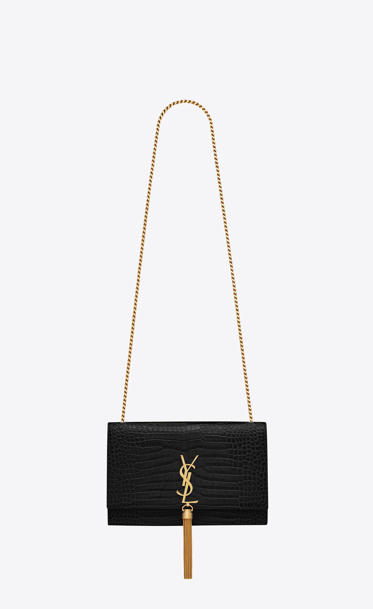 YSL Kate Medium Chain Bag With Tassel In Crocodile-embossed Shiny Leather Black | HFPVK3468