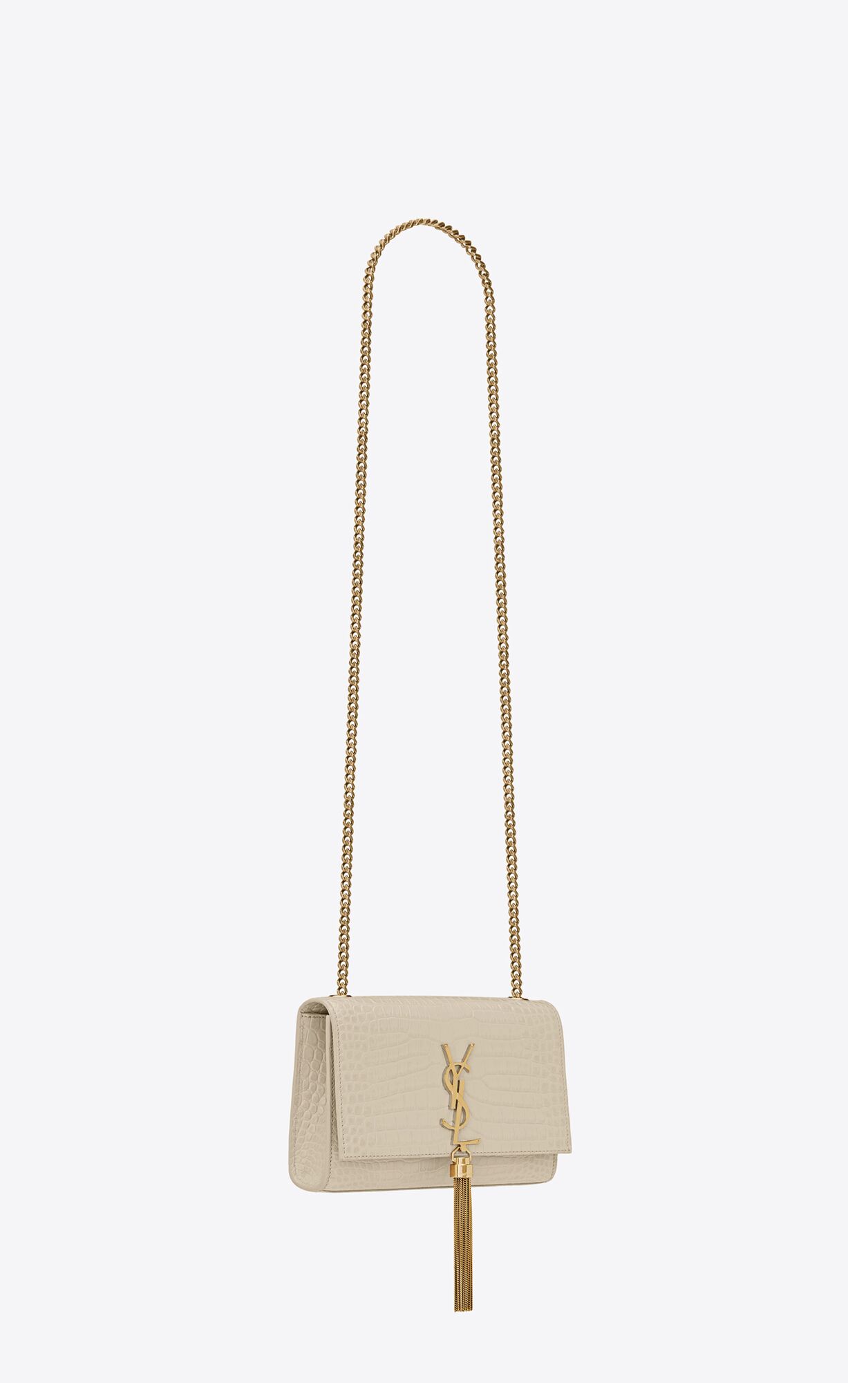 YSL Kate Small Chain Bag With Tassel In Crocodile-embossed Shiny Leather Blanc Vintage | PARKL8927