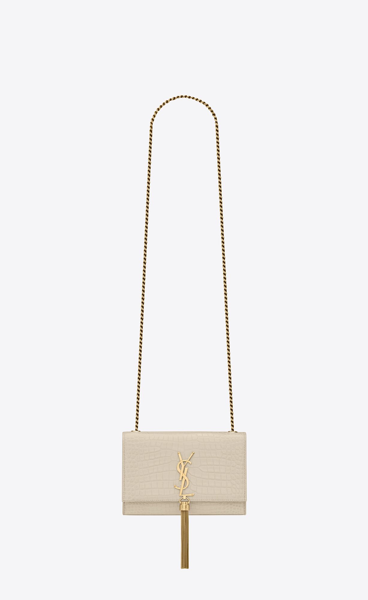 YSL Kate Small Chain Bag With Tassel In Crocodile-embossed Shiny Leather Blanc Vintage | PARKL8927