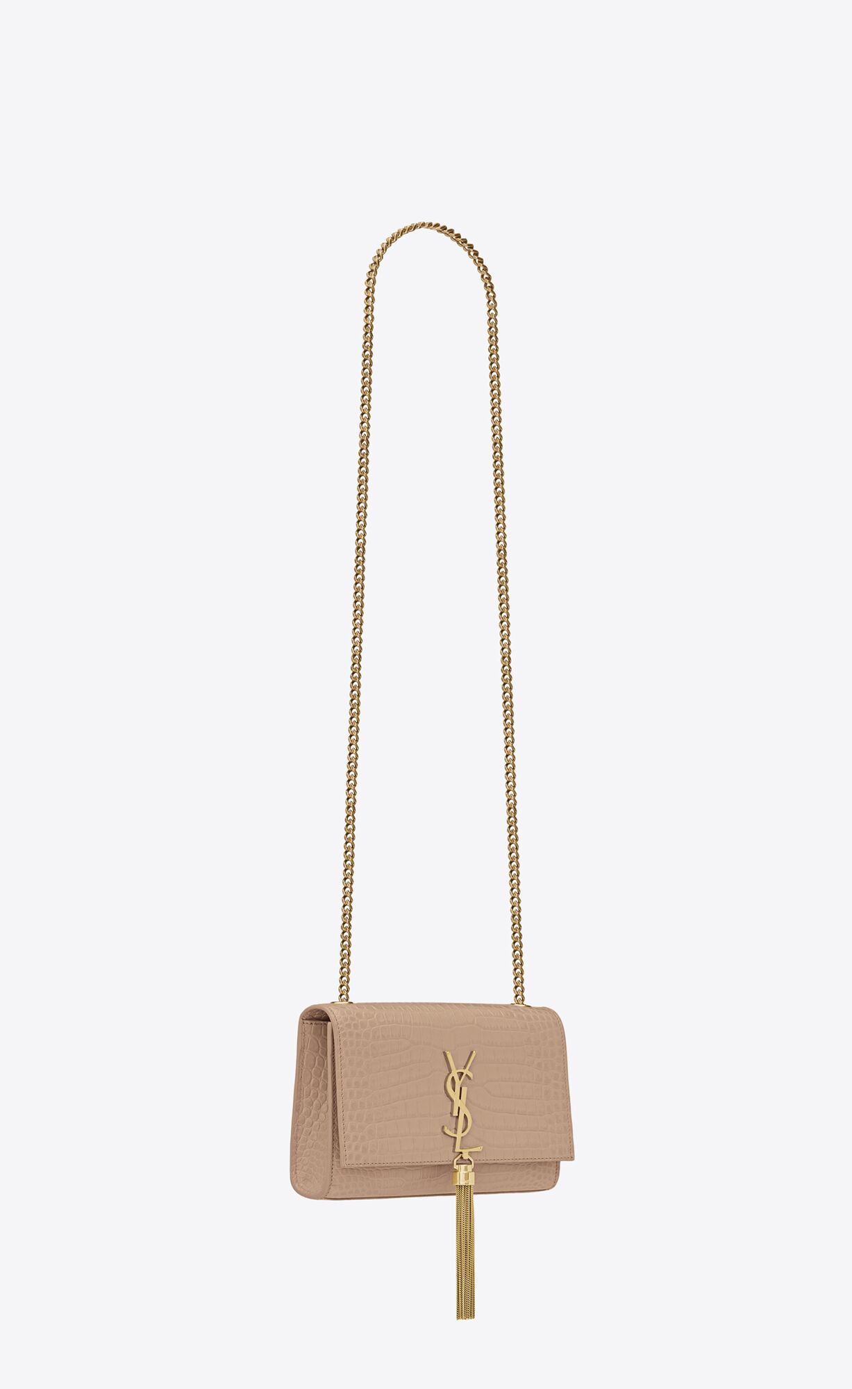 YSL Kate Small Chain Bag With Tassel In Crocodile-embossed Shiny Leather Dark Beige | WGTVX8764