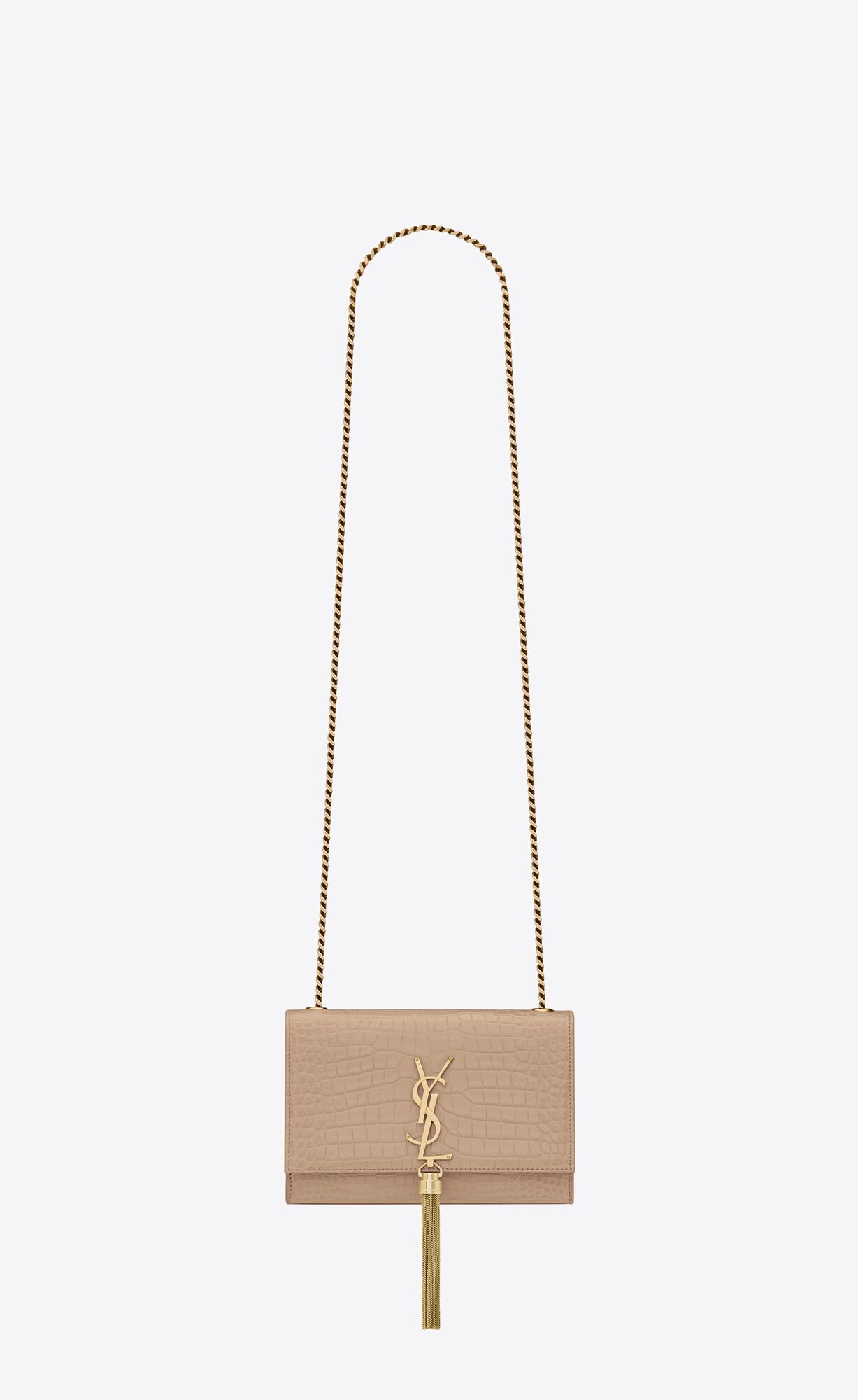 YSL Kate Small Chain Bag With Tassel In Crocodile-embossed Shiny Leather Dark Beige | WGTVX8764