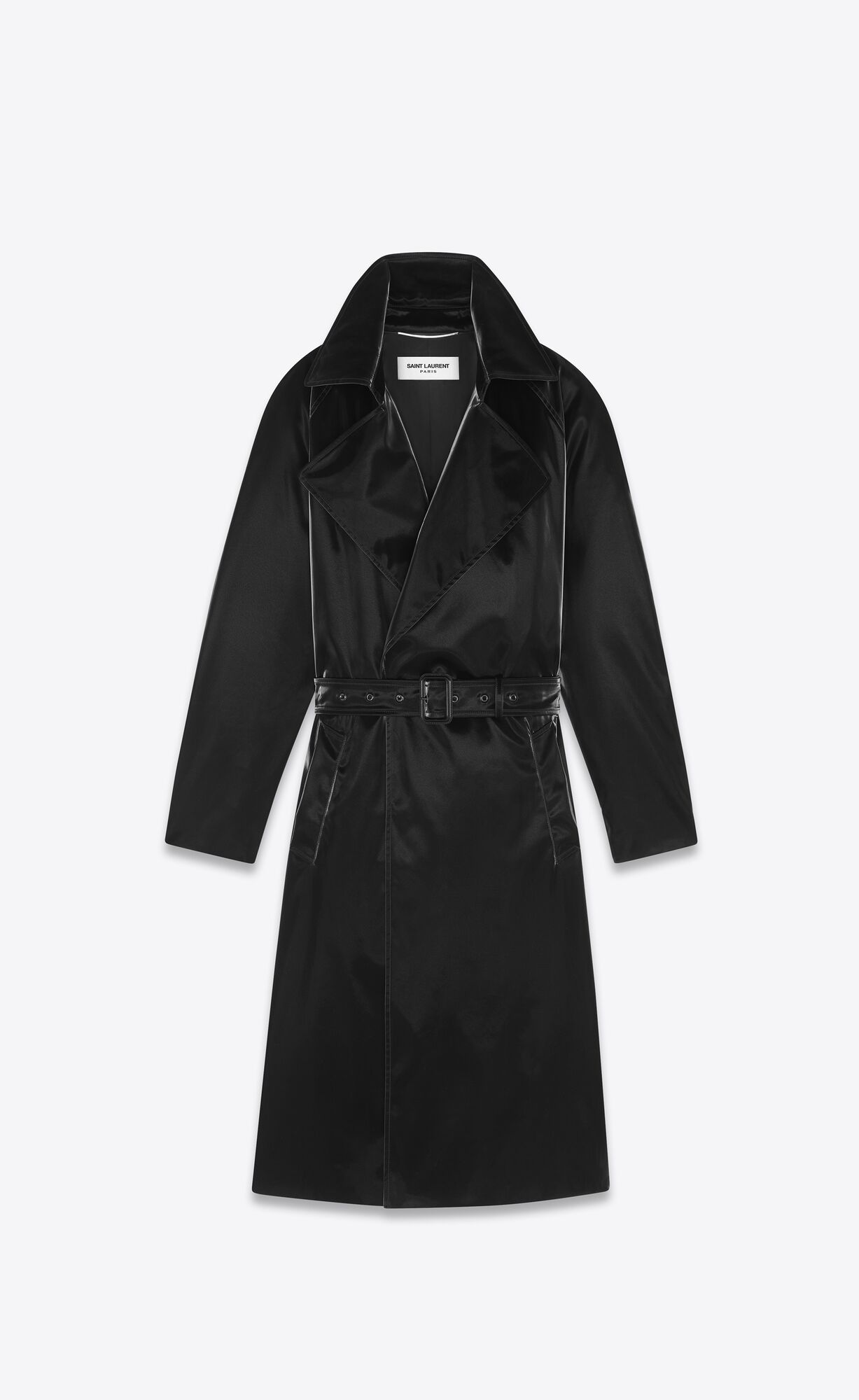 YSL Lacquered-effect Belted Coat Noir | FNPRG9740