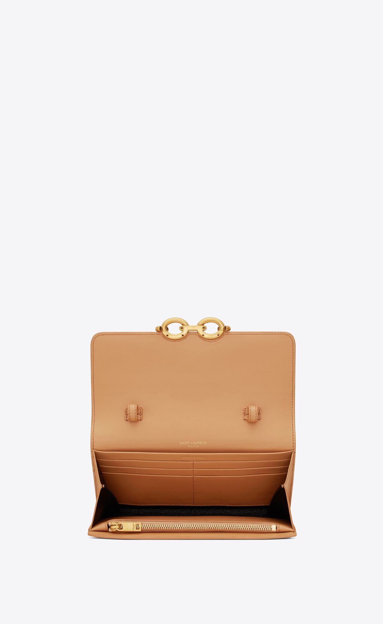 YSL Le Maillon Chain Wallet In Canvas And Vegetable-tanned Leather Grege And Brown Gold | HJXLC3685