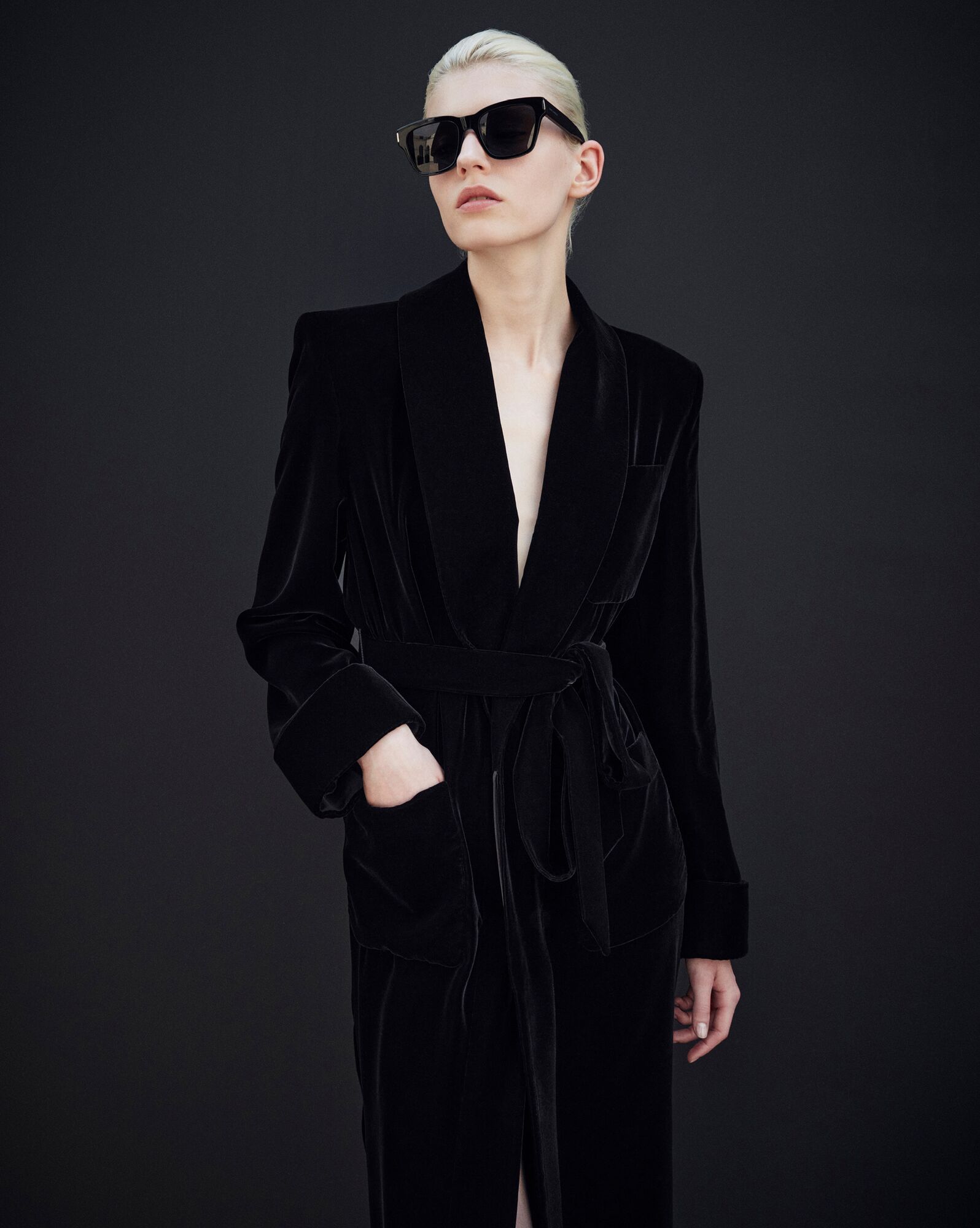 YSL Long Belted Coat In Cupro Velvet Black | BHQXR7023