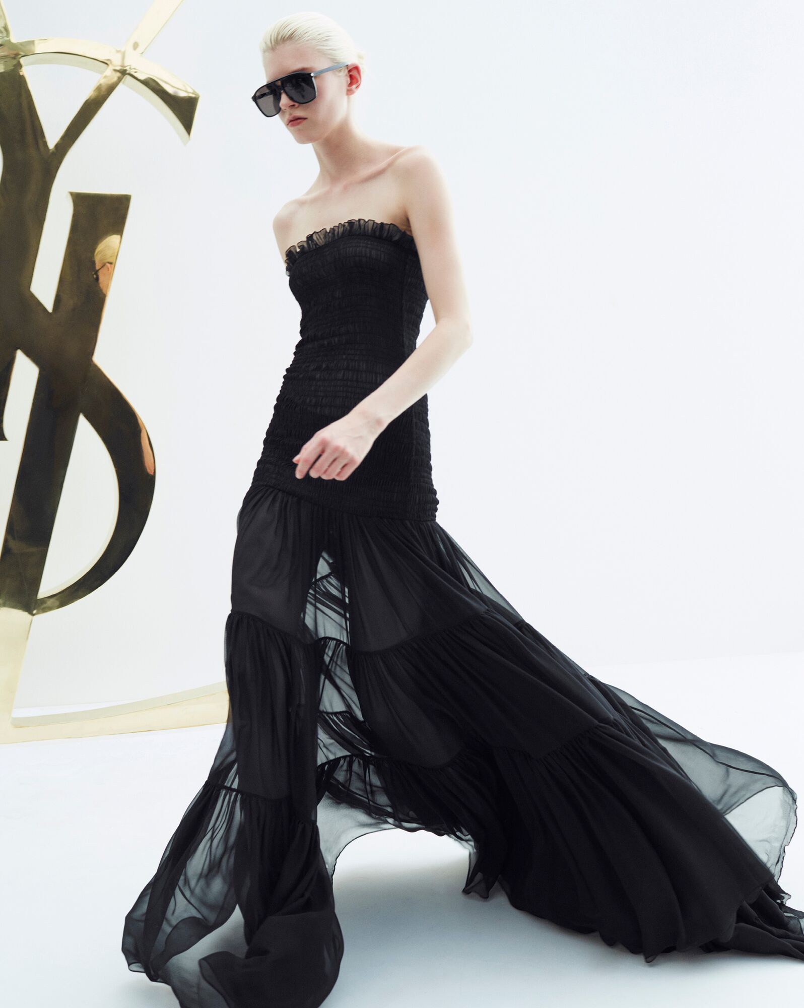 YSL Long Bustier Dress In Crepe Muslin Black | UHVMQ3807