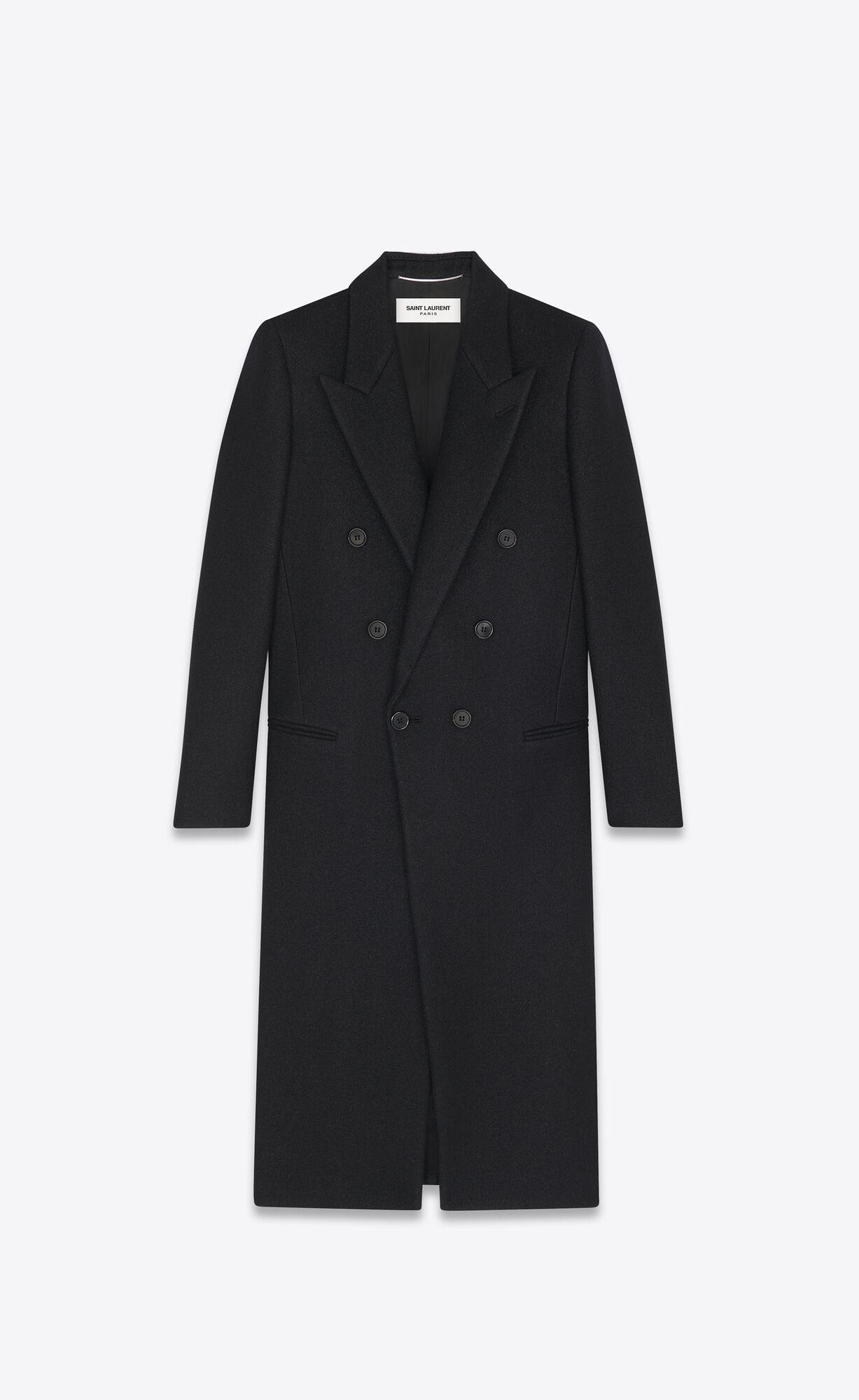 YSL Long Double-breasted Coat In Wool Felt Noir Brillant | TBOQE1896