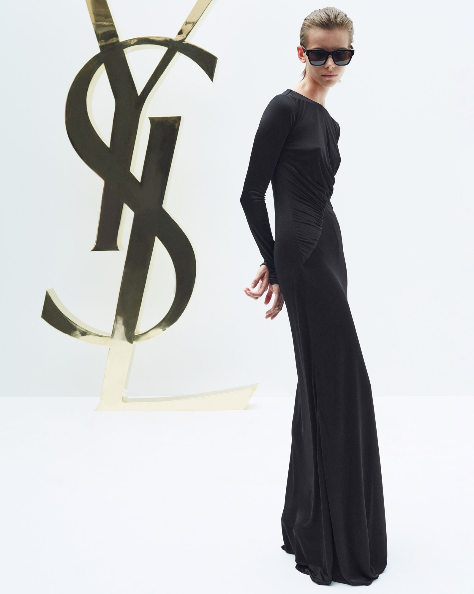 YSL Long Draped Dress In Crepe Jersey Black | YOFBW0512