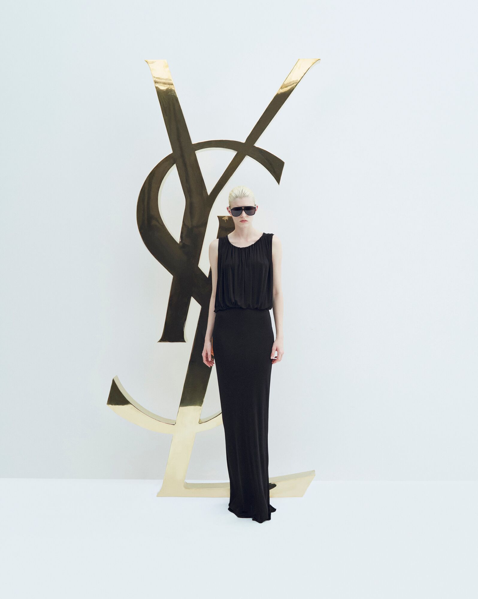 YSL Long Sleeveless Dress In Shiny Jersey Black | AGYNI8956