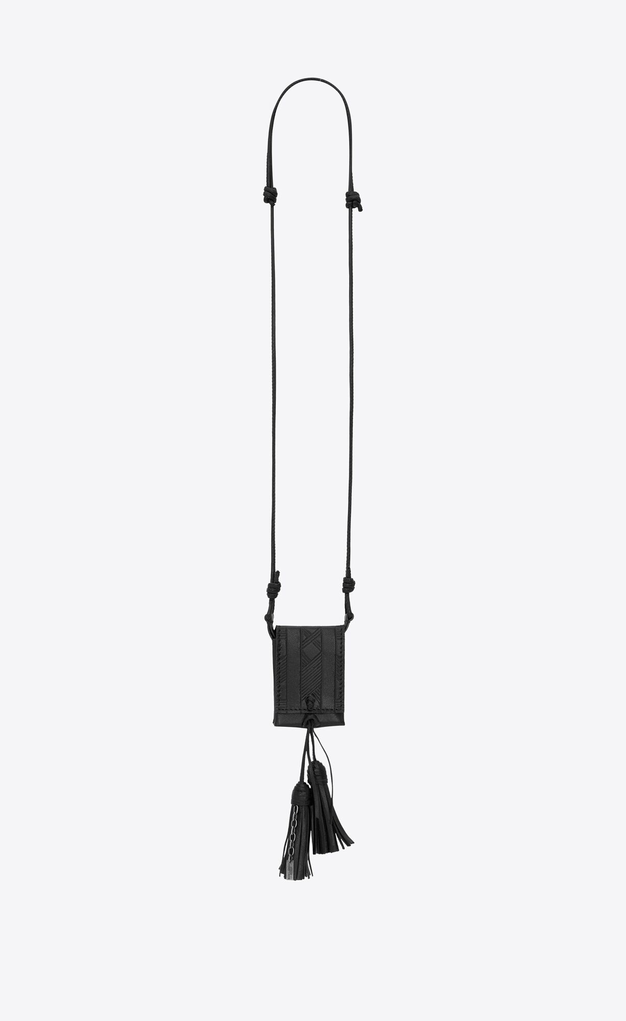 YSL Long Tassel Bag Necklace In Vegetable-tanned Leather And Metal Black | DIBXK4516