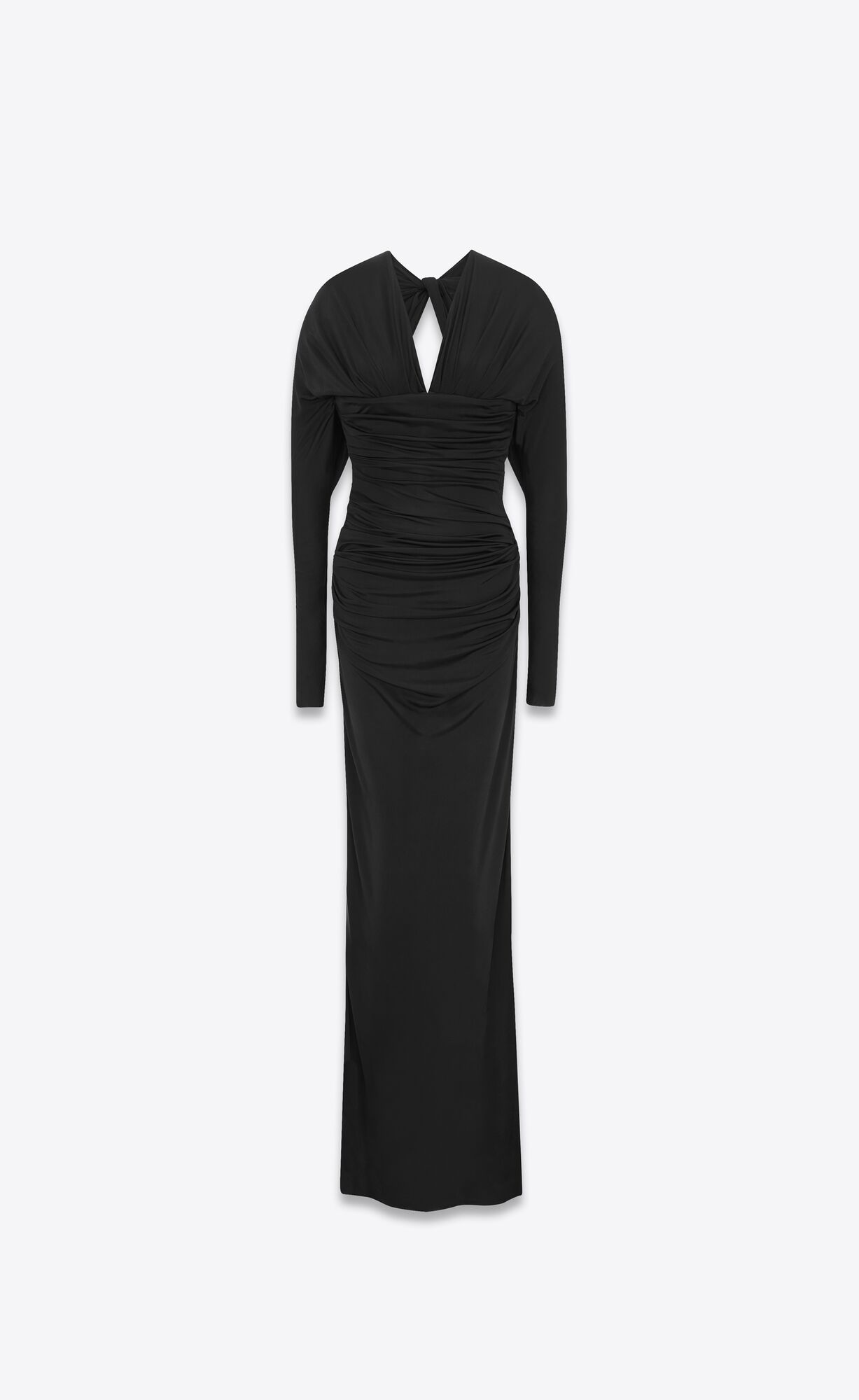 YSL Long V-neck Dress In Shiny Jersey Black | FHDTA9126