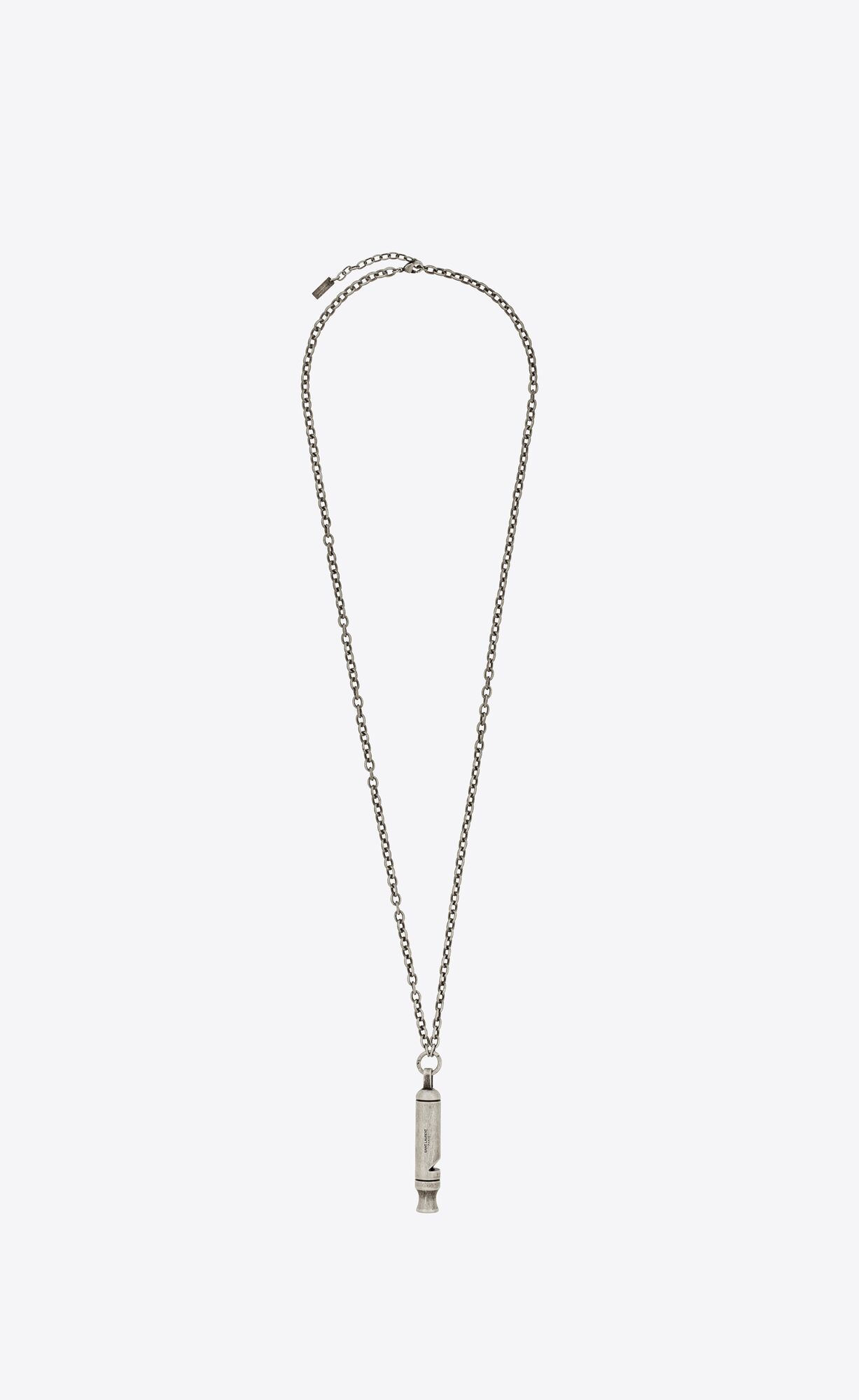 YSL Long Whistle Charm Necklace In Metal Oxidized Silver | RDIOK3196