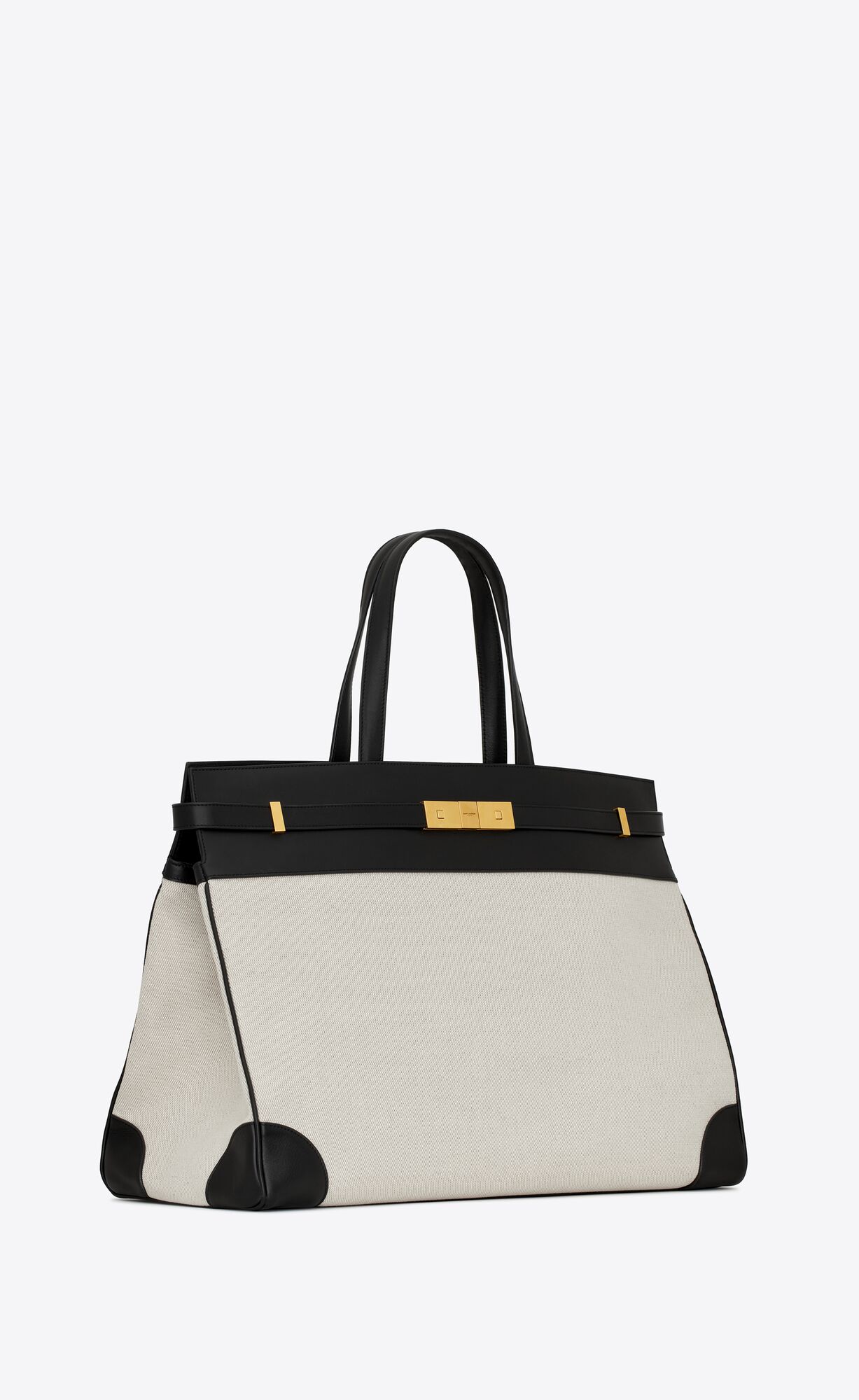 YSL Manhattan Large Shopping Bag In Canvas And Shiny Leather Blanc Grise And Black | VQFIK6804