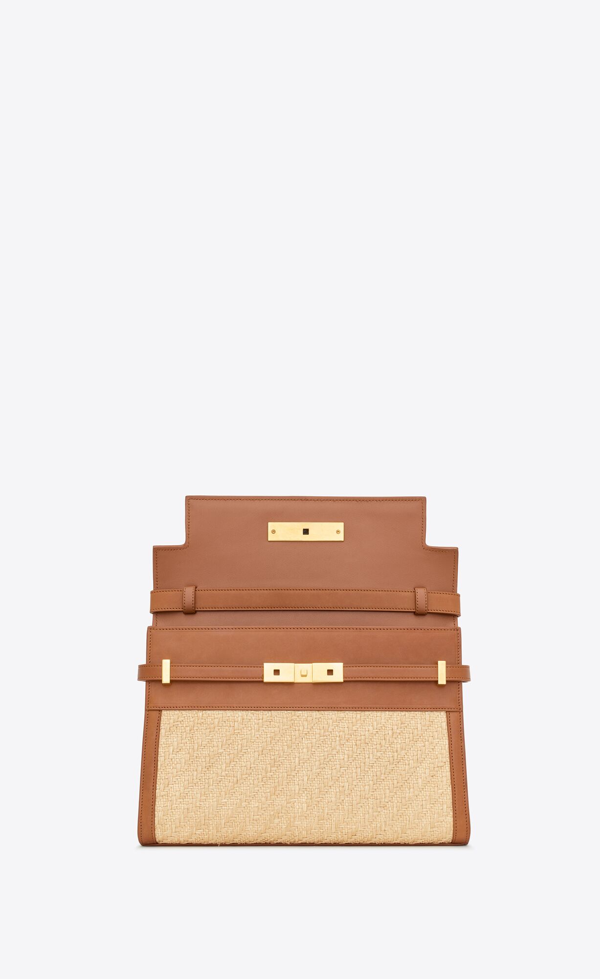 YSL Manhattan Shoulder Bag In Raffia And Vegetable-tanned Leather Natural Sand And Brick | QVLWT3105