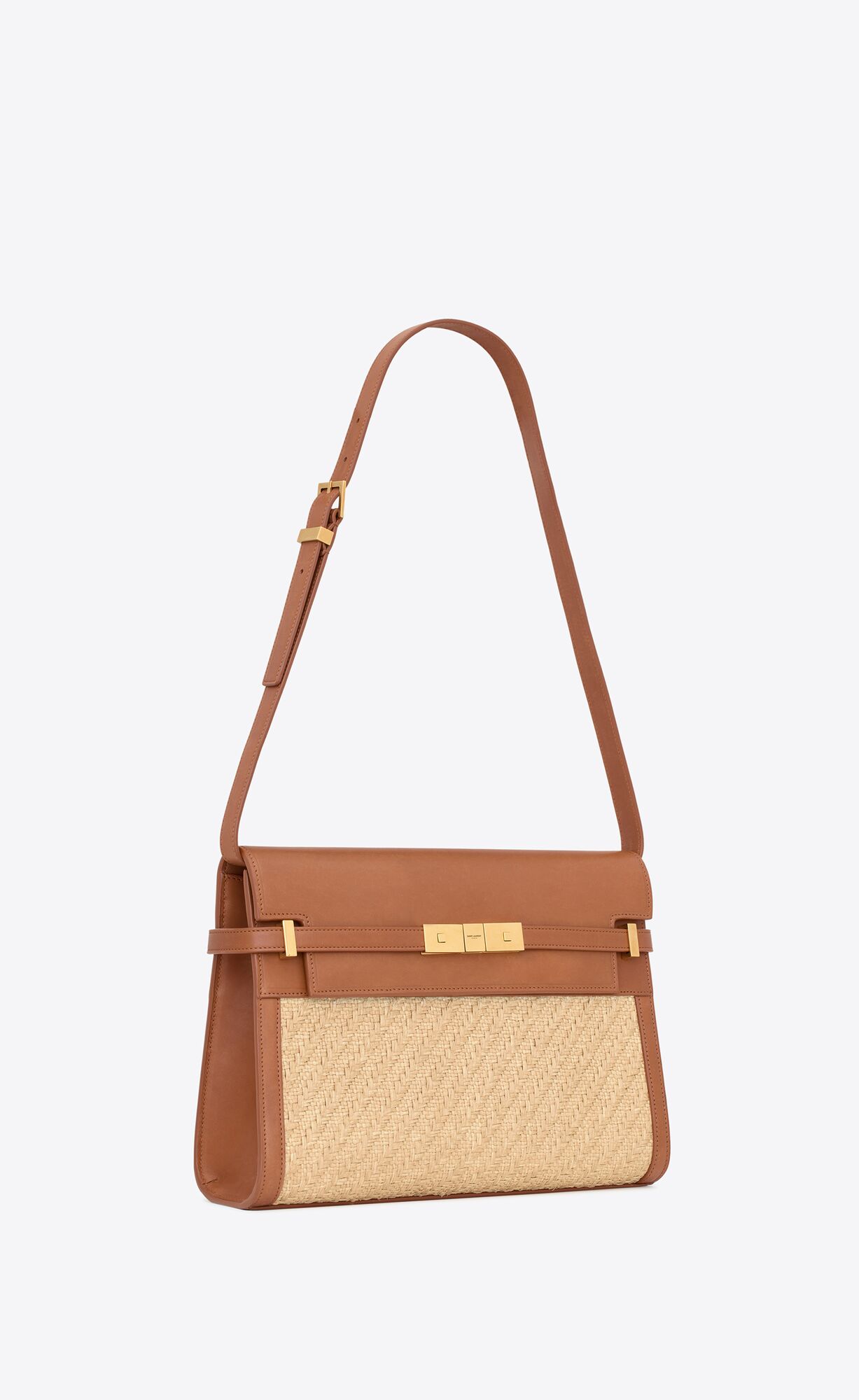 YSL Manhattan Shoulder Bag In Raffia And Vegetable-tanned Leather Natural Sand And Brick | QVLWT3105