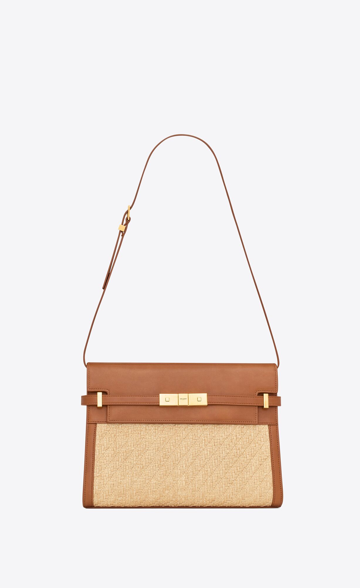 YSL Manhattan Shoulder Bag In Raffia And Vegetable-tanned Leather Natural Sand And Brick | QVLWT3105