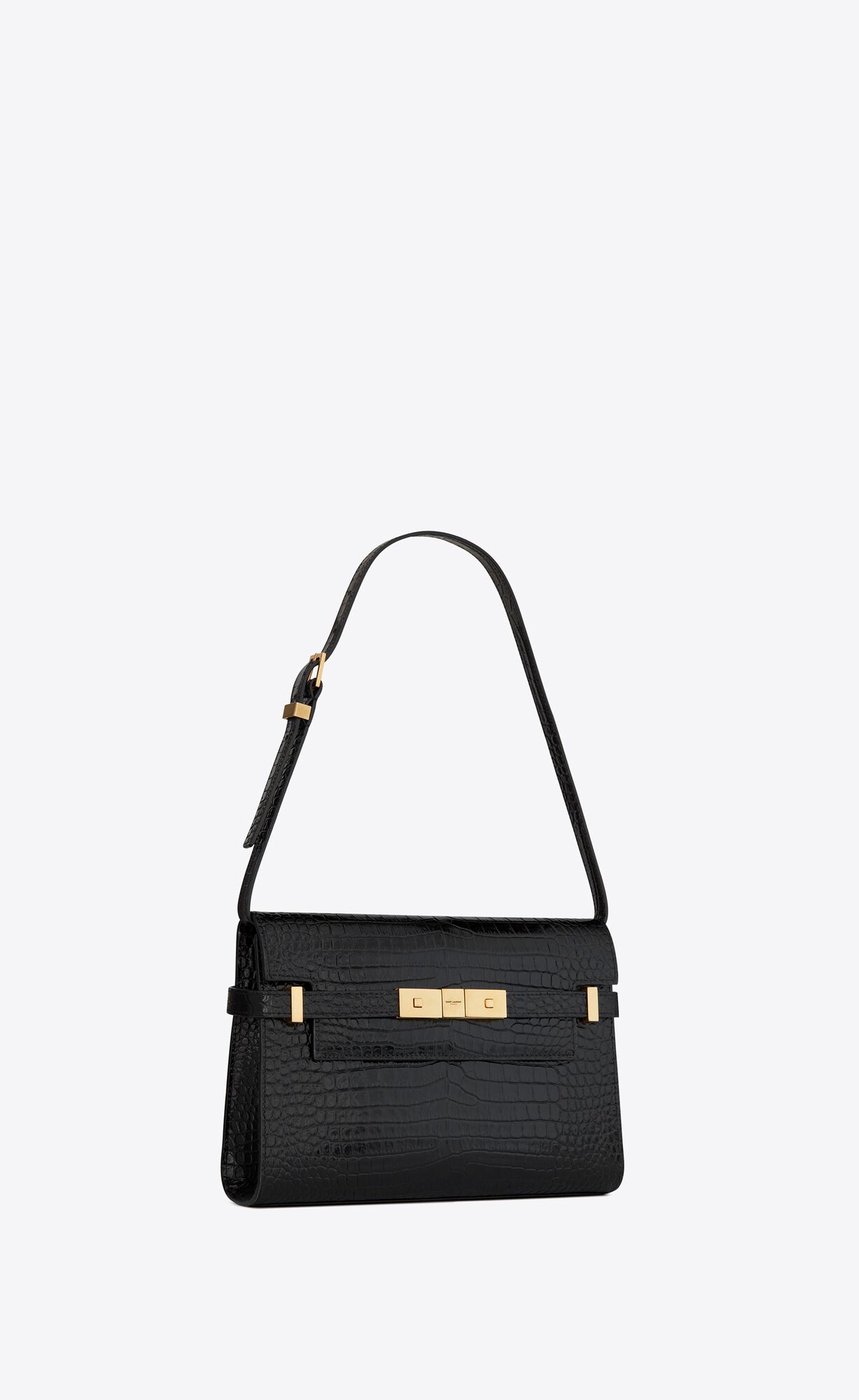 YSL Manhattan Small Shoulder Bag In Shiny Crocodile-embossed Leather Black | VXMIL1248