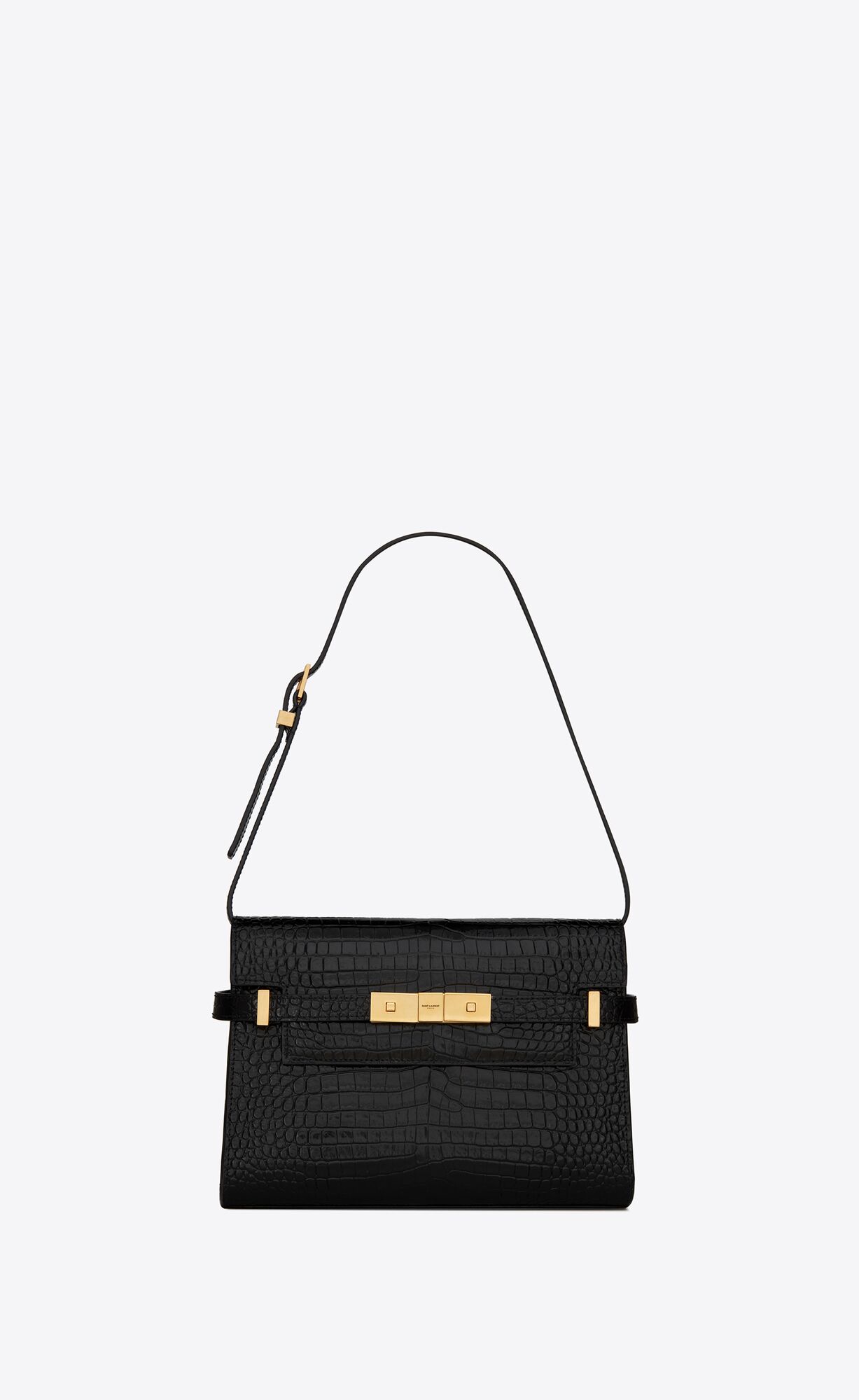 YSL Manhattan Small Shoulder Bag In Shiny Crocodile-embossed Leather Black | VXMIL1248