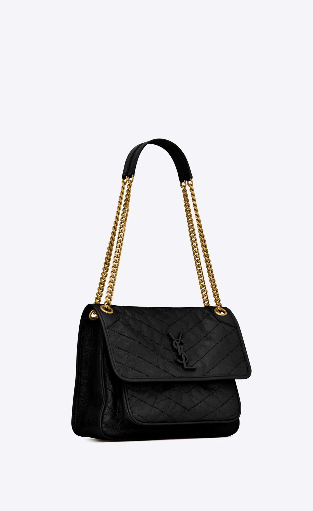 YSL Niki Medium Chain Bag In Crinkled Vintage Leather Noir | KXYND5276