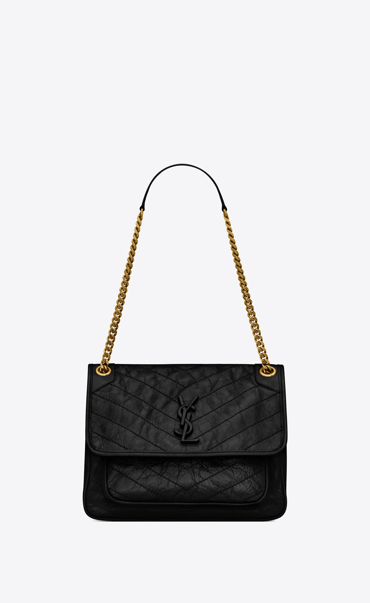 YSL Niki Medium Chain Bag In Crinkled Vintage Leather Noir | KXYND5276