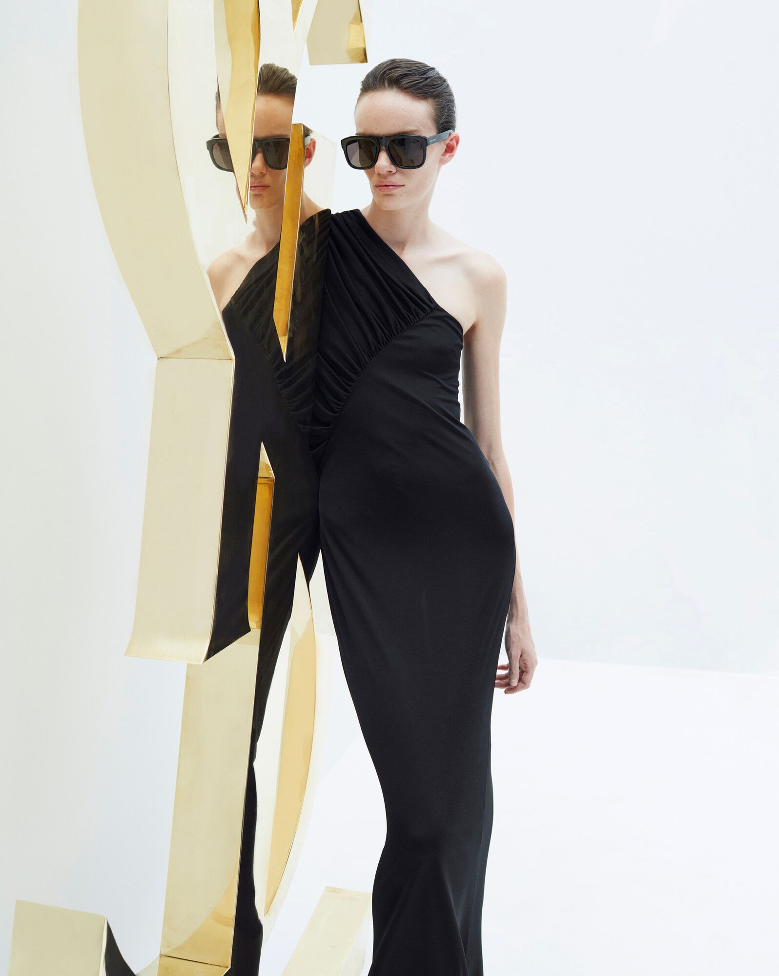 YSL One Shoulder Long Dress In Shiny Jersey Black | NJVKB6517