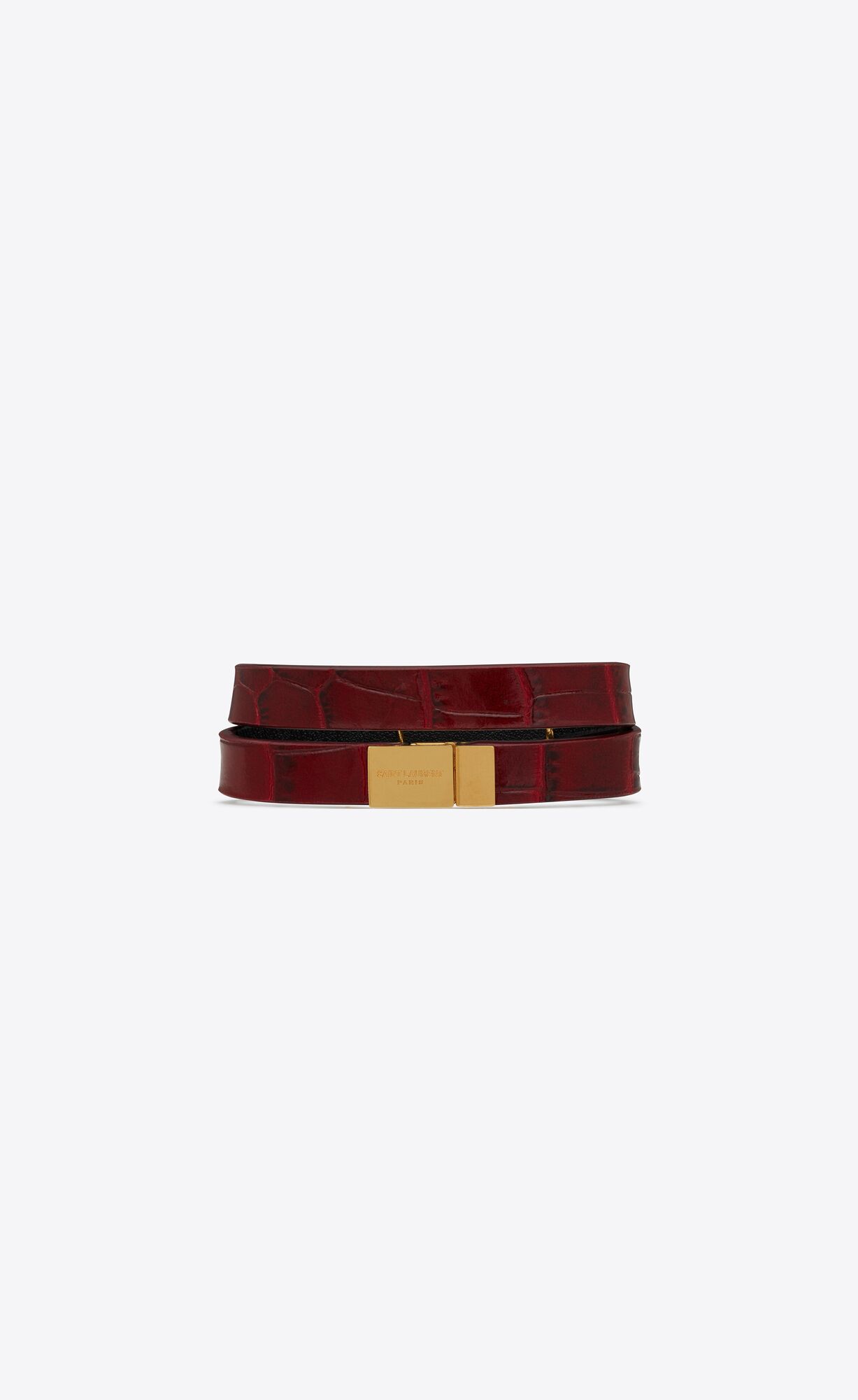 YSL Opyum Double Wrap Bracelet In Crocodile-embossed Leather And Metal Dark Red And Antique Gold | QJVTI7480