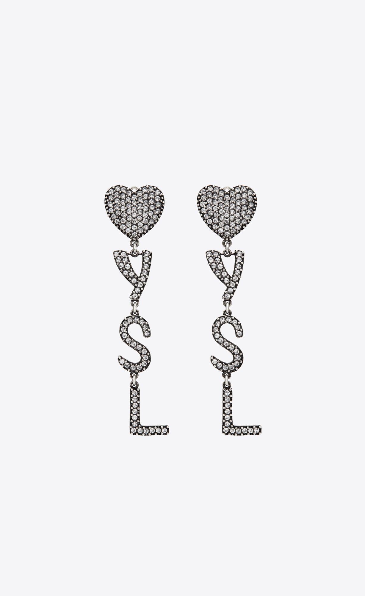 YSL Opyum Heart Earrings In Metal And Crystal Oxidized Silver | HKUQL3051