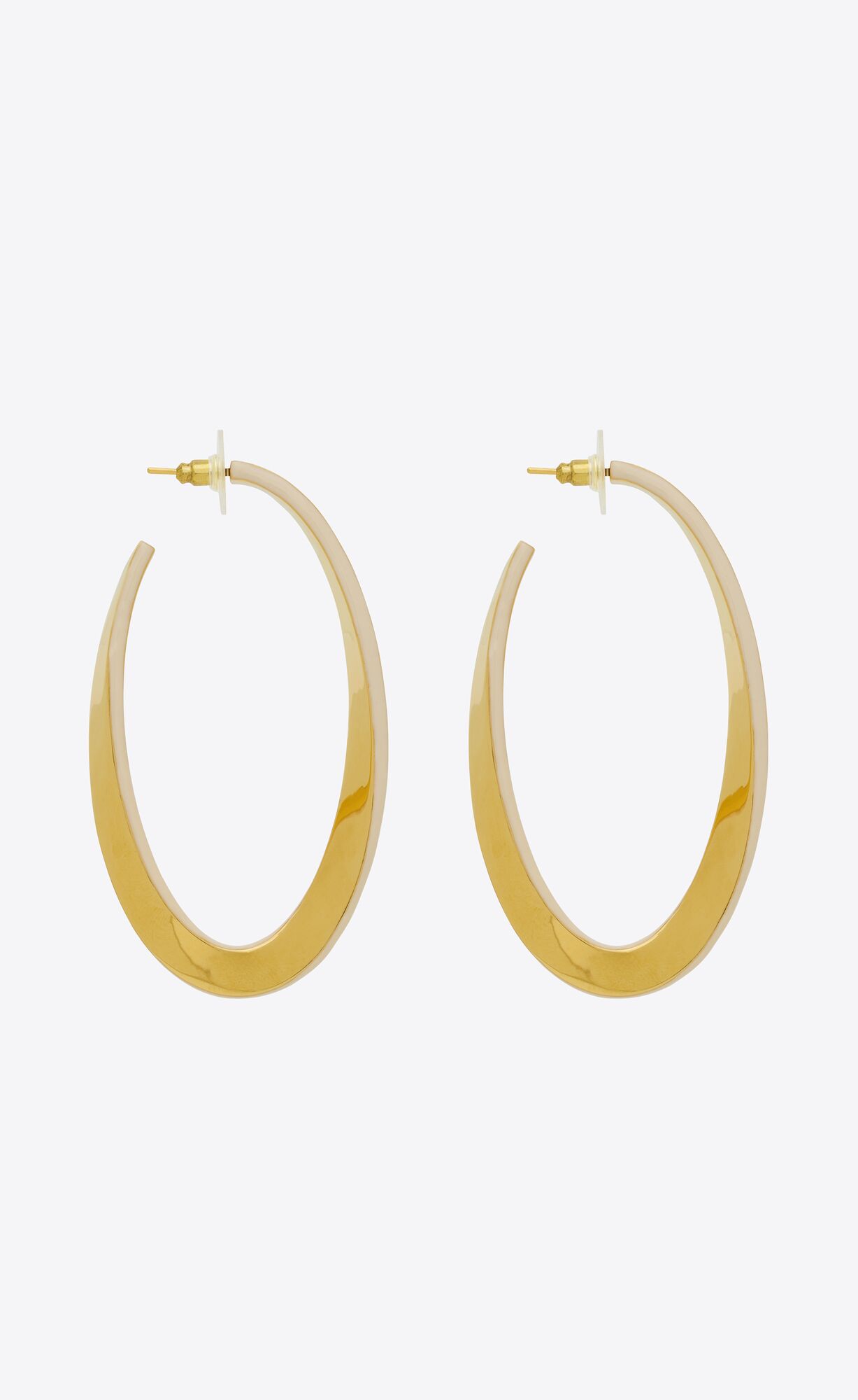 YSL Oval Curved Hoop Earrings In Metal And Enamel Gold And Cream | WAEFX2173