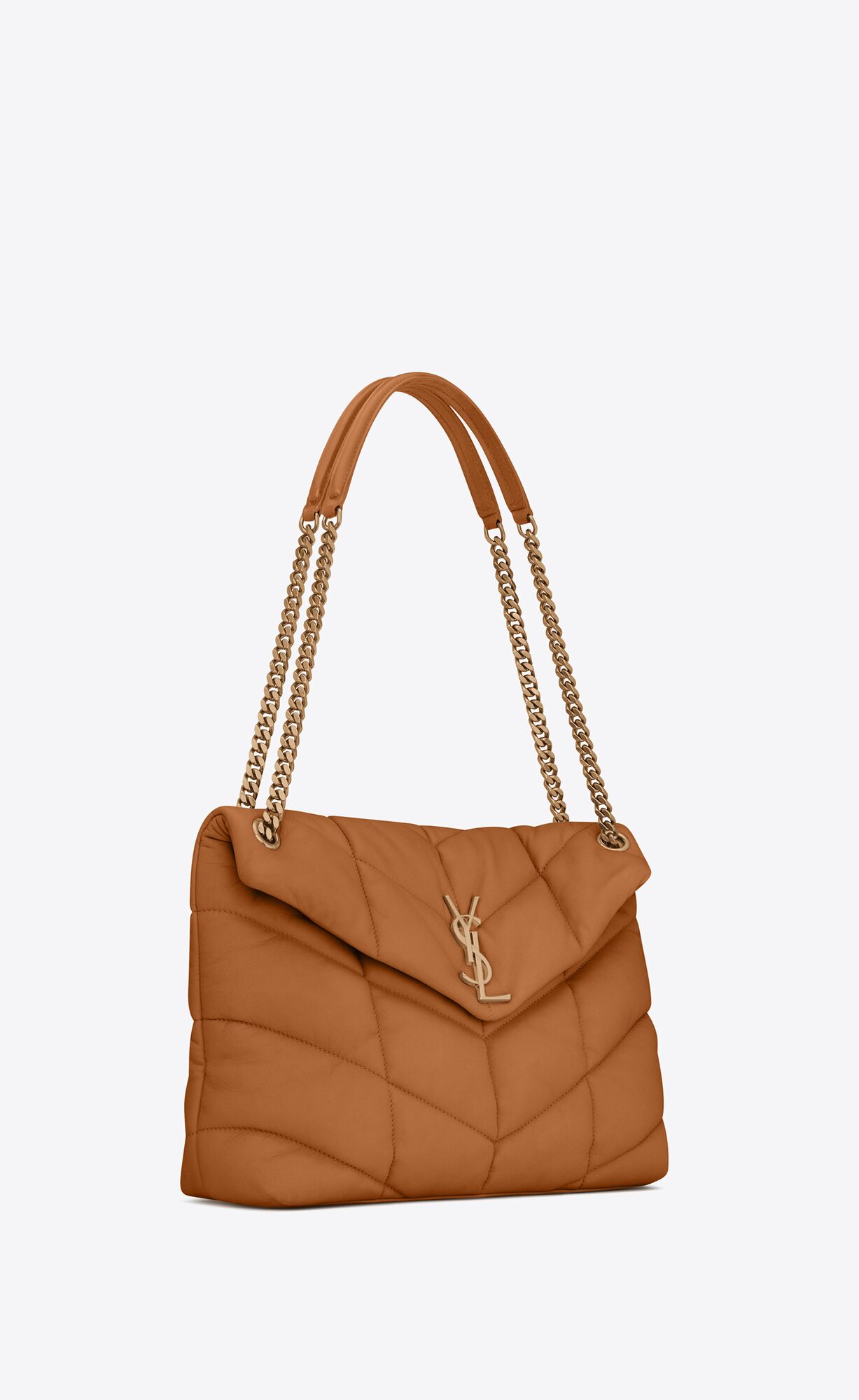 YSL Puffer Medium Chain Bag In Quilted Lambskin Dark Honey | YUGTC4025