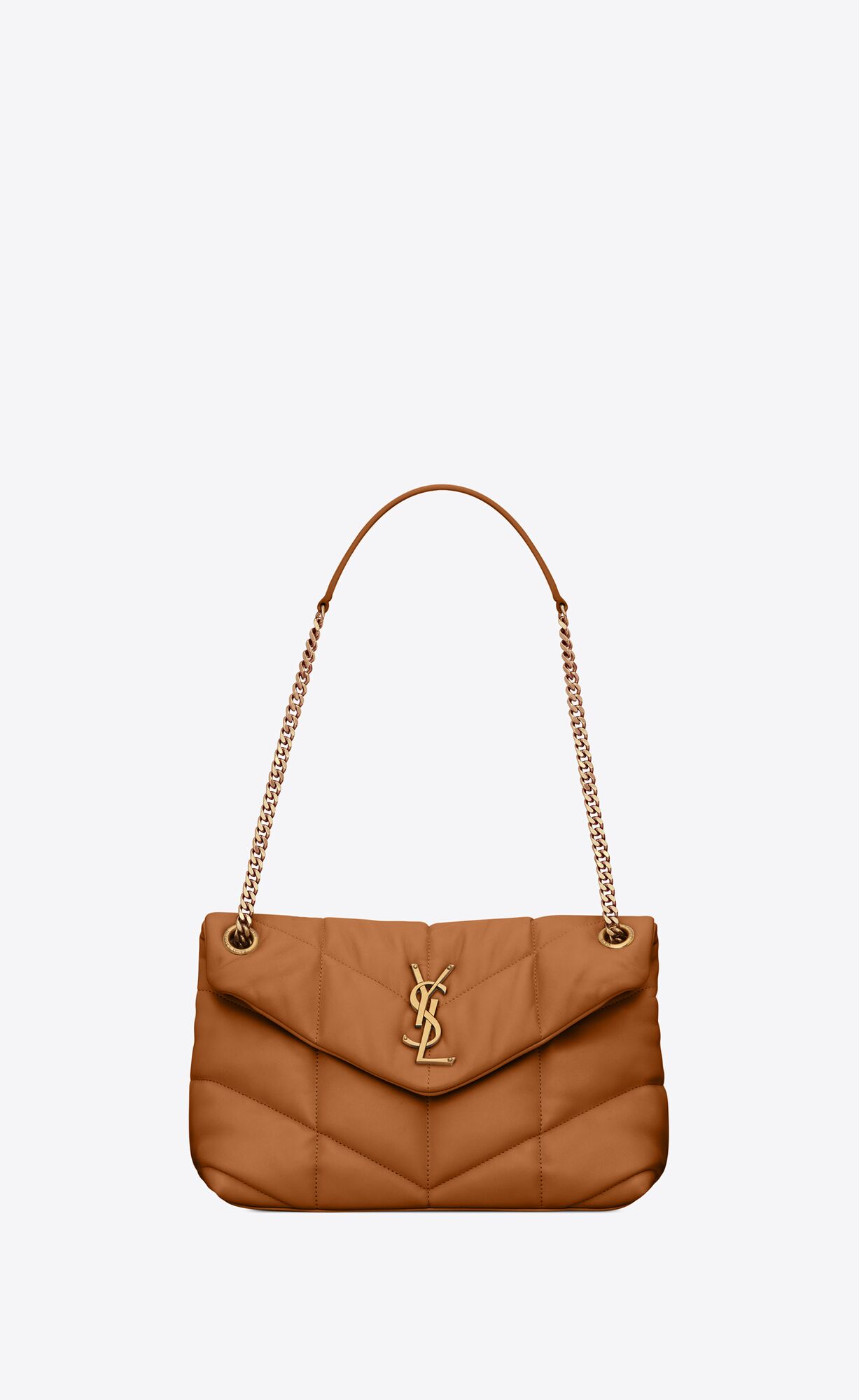 YSL Puffer Small Chain Bag In Quilted Lambskin Dark Honey | YMRIF6172