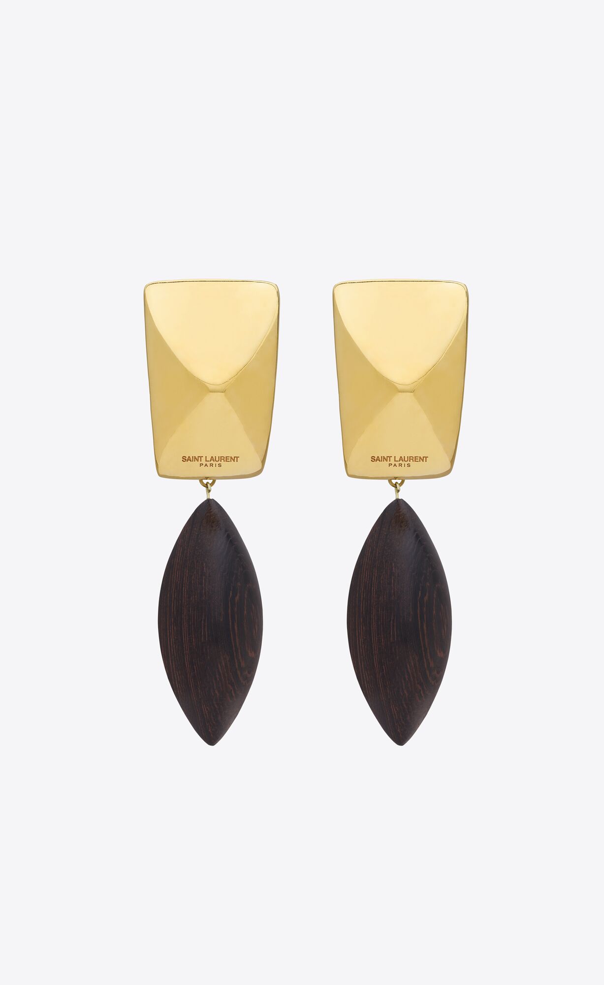 YSL Pyramid Earrings In Wood And Metal Brown Gold | AZNIO6370