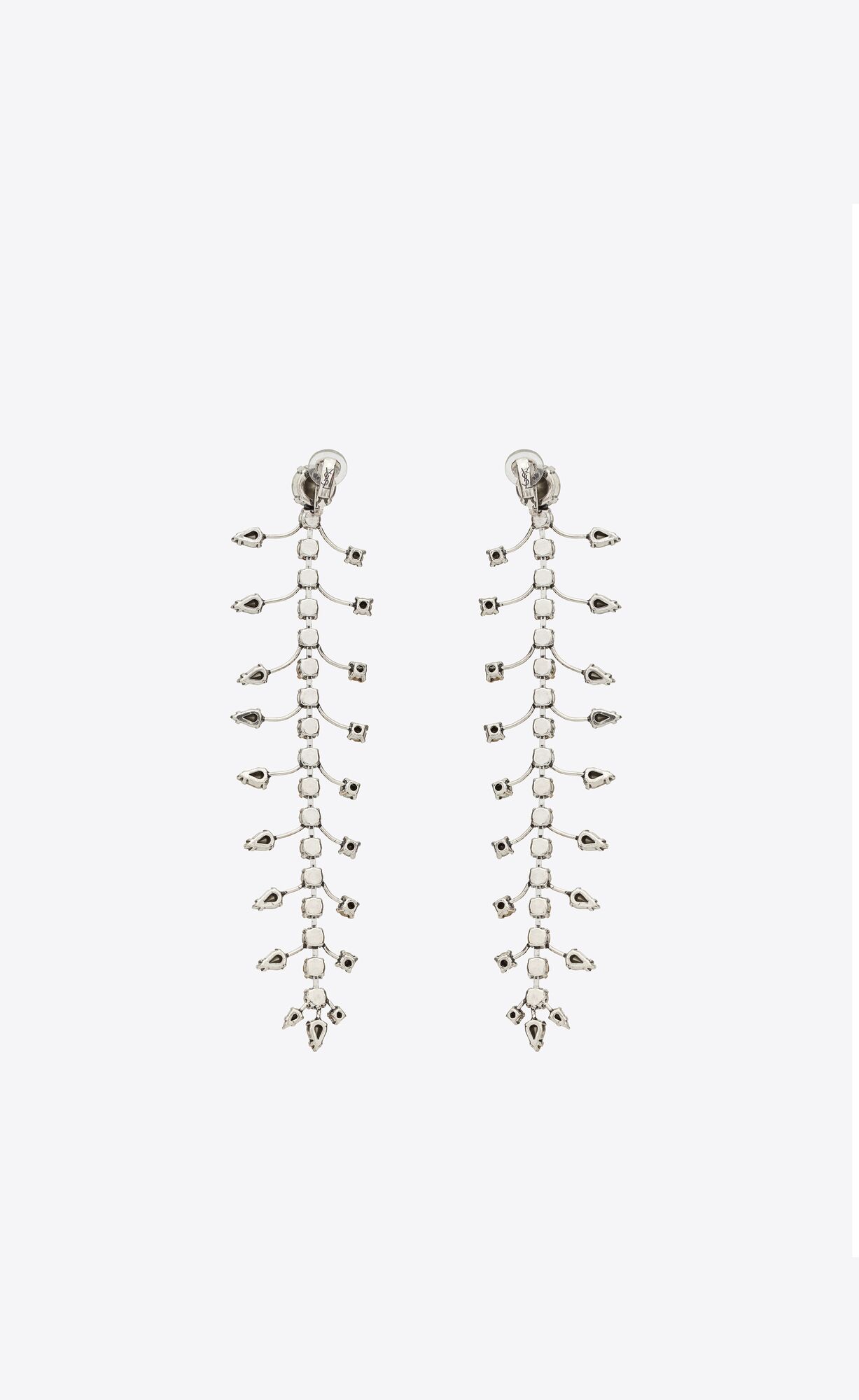 YSL Rhinestone Fish Bone Drop Earrings In Metal Oxidized Silver | USMYL0943