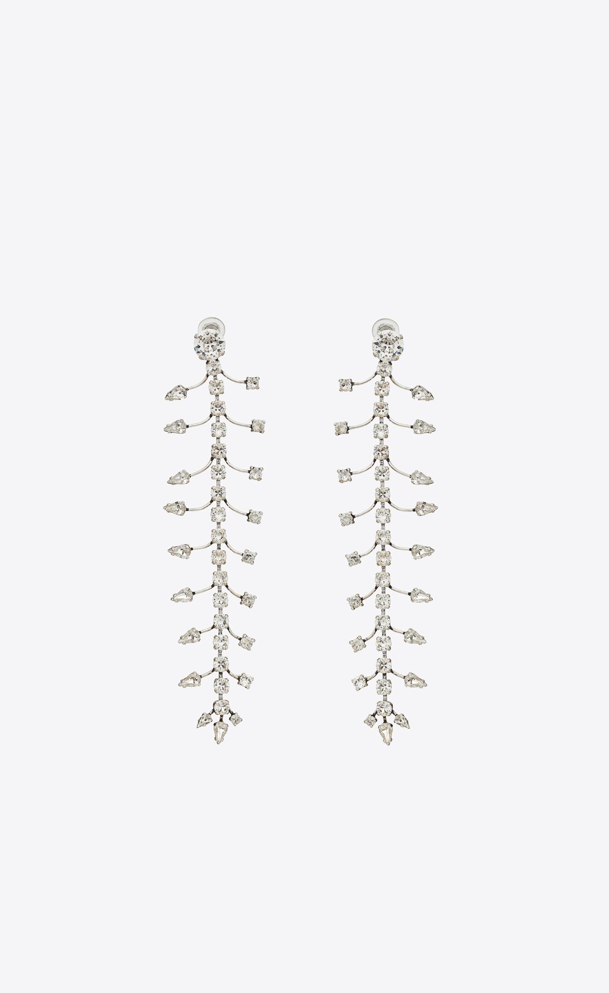 YSL Rhinestone Fish Bone Drop Earrings In Metal Oxidized Silver | USMYL0943