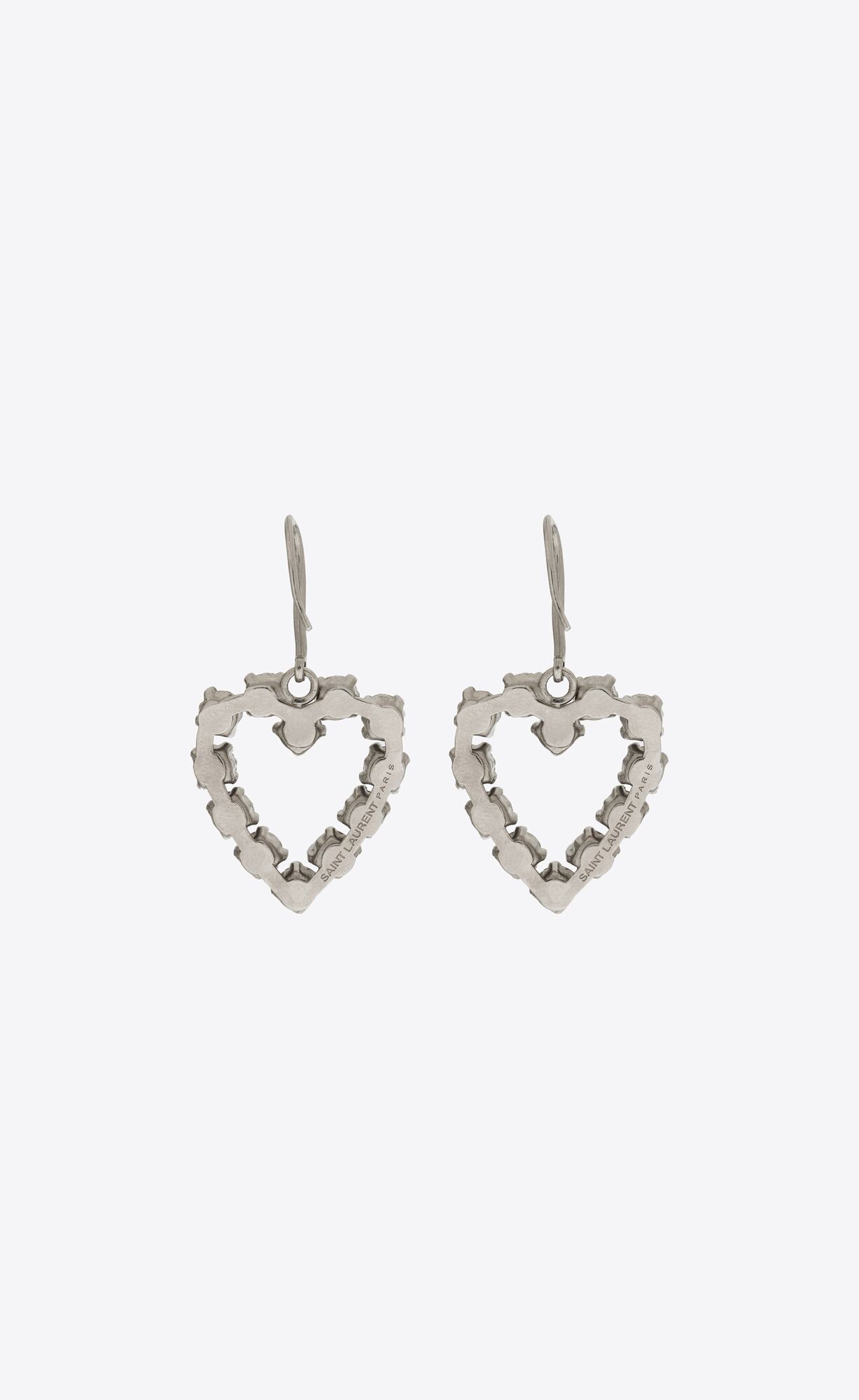 YSL Rhinestone Open Heart Earrings In Metal Oxidized Silver | PLDTA5947