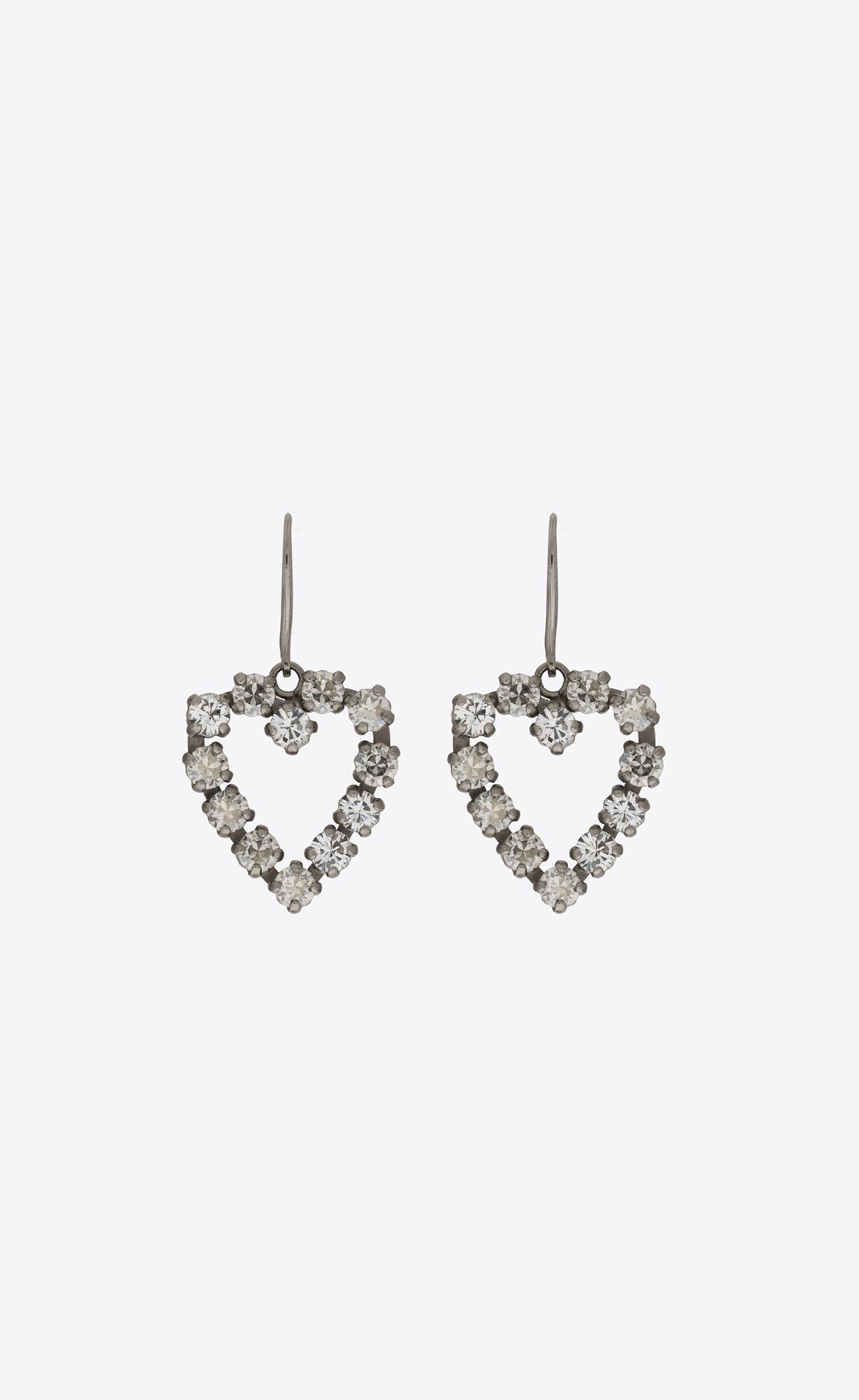 YSL Rhinestone Open Heart Earrings In Metal Oxidized Silver | PLDTA5947