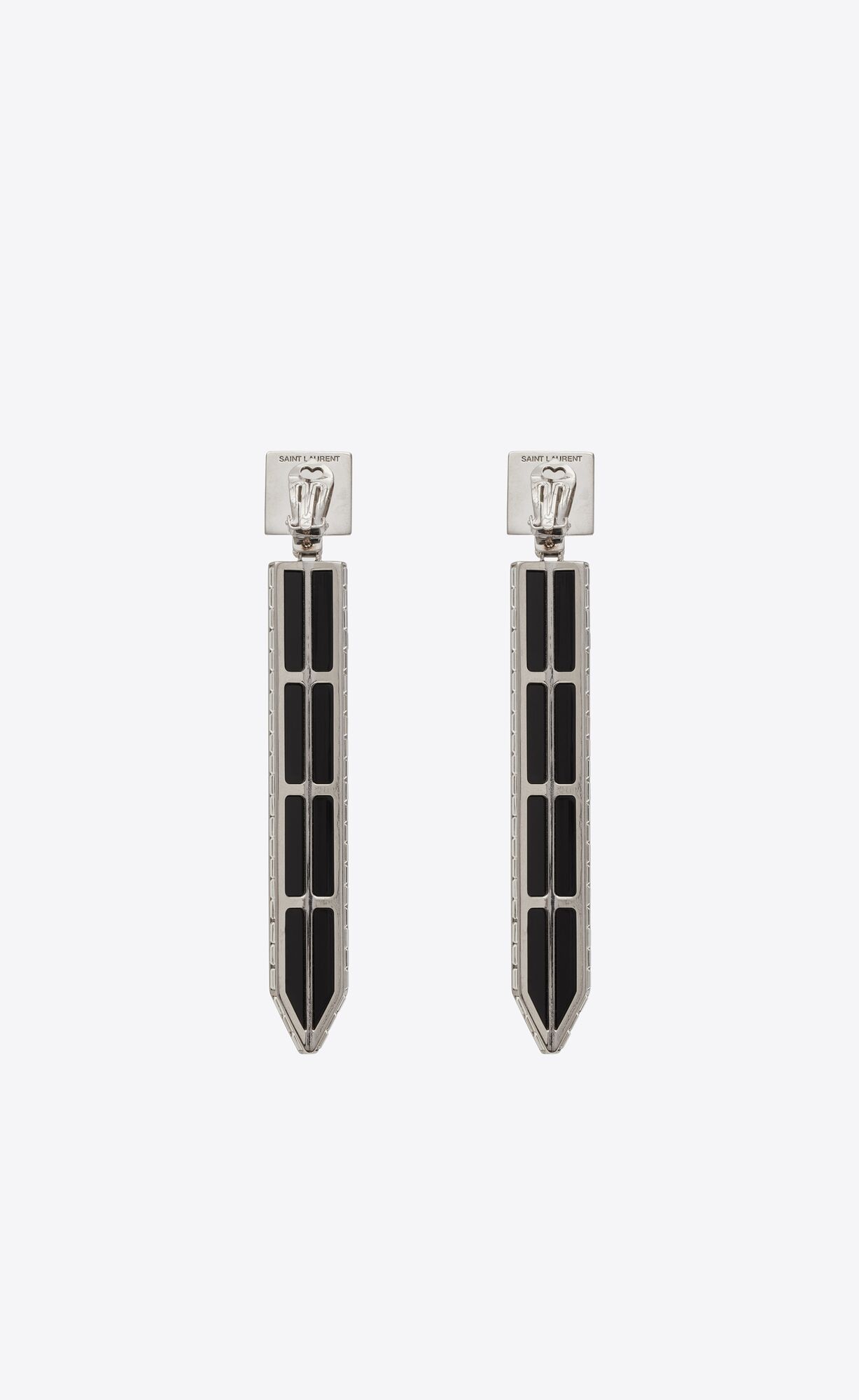 YSL Rhinestone Square And Spike Earrings In Metal And Resin Oxidised Silver And Black | UMGXE3579