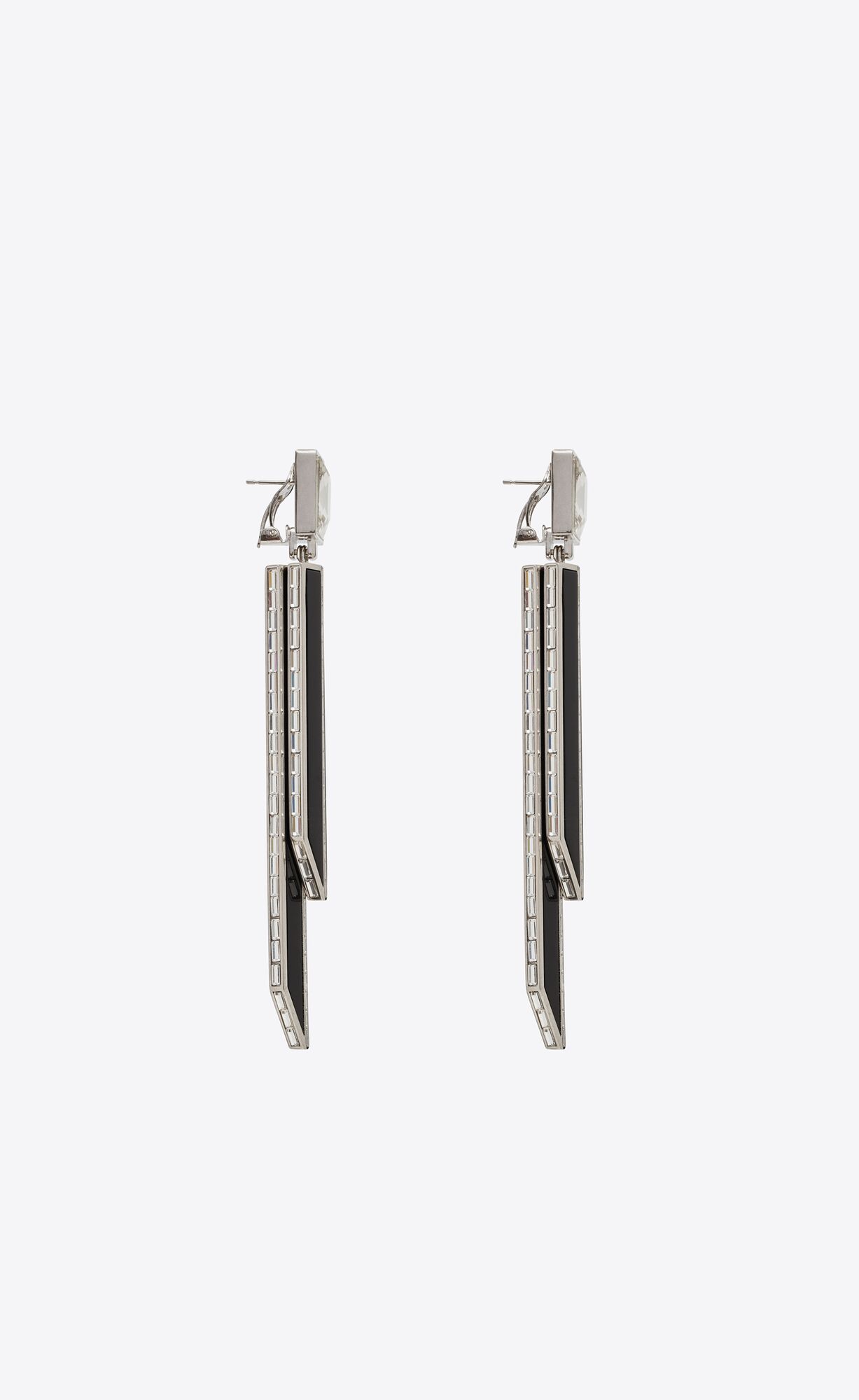 YSL Rhinestone Square And Spike Earrings In Metal And Resin Oxidised Silver And Black | UMGXE3579