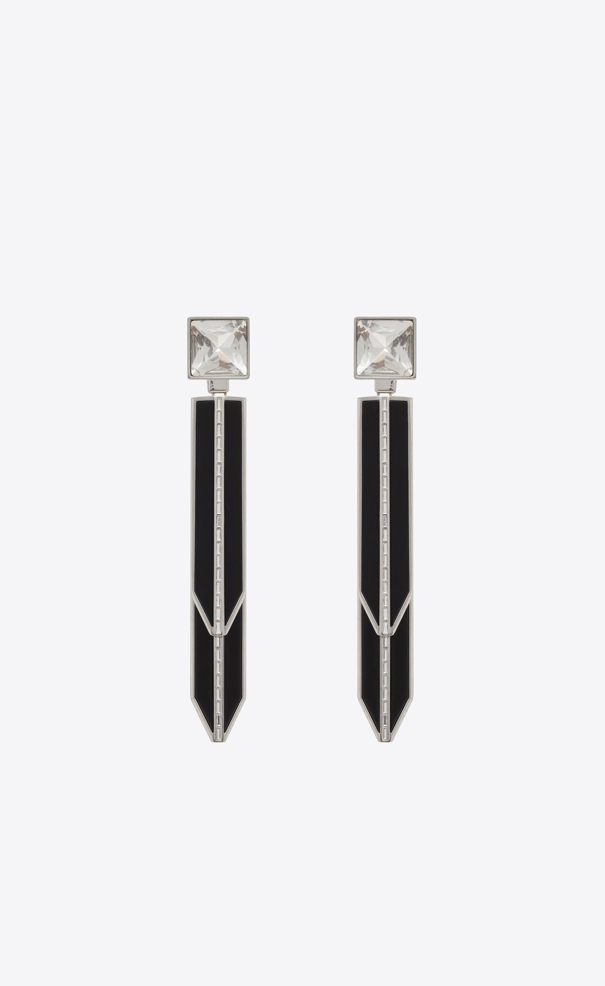 YSL Rhinestone Square And Spike Earrings In Metal And Resin Oxidised Silver And Black | UMGXE3579