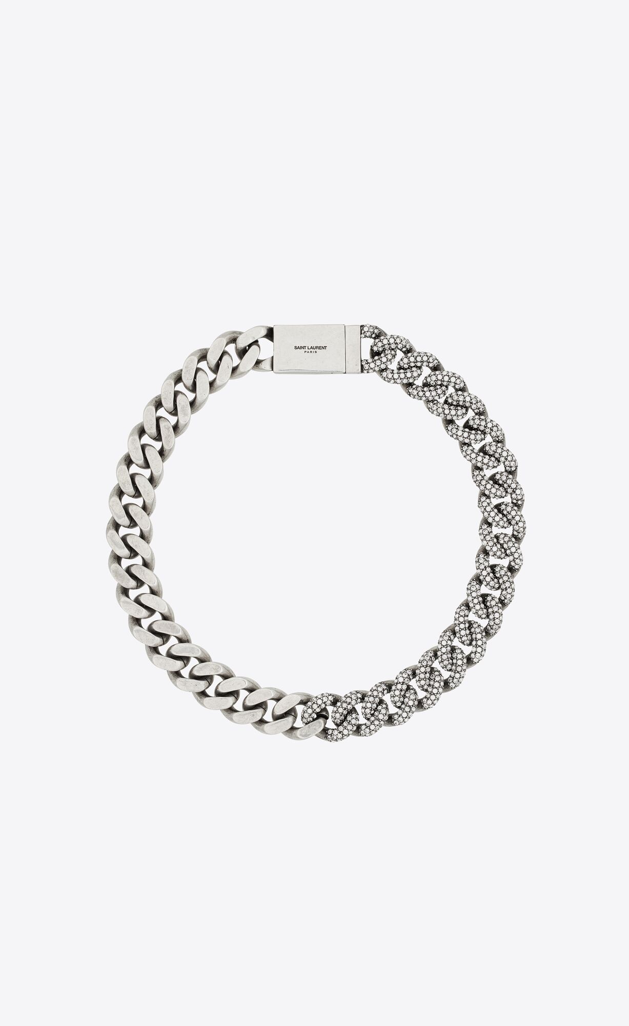 YSL Rhinestone Thick Curb Chain Necklace In Metal Oxidized Silver | QOKSL4062