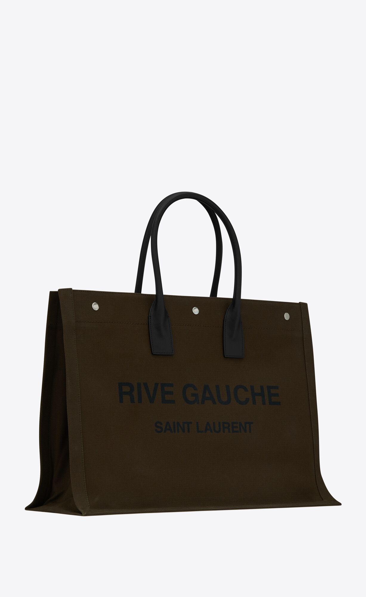 YSL Rive Gauche Large Tote Bag In Printed Canvas And Leather Dark Kaki | RWOUC3174