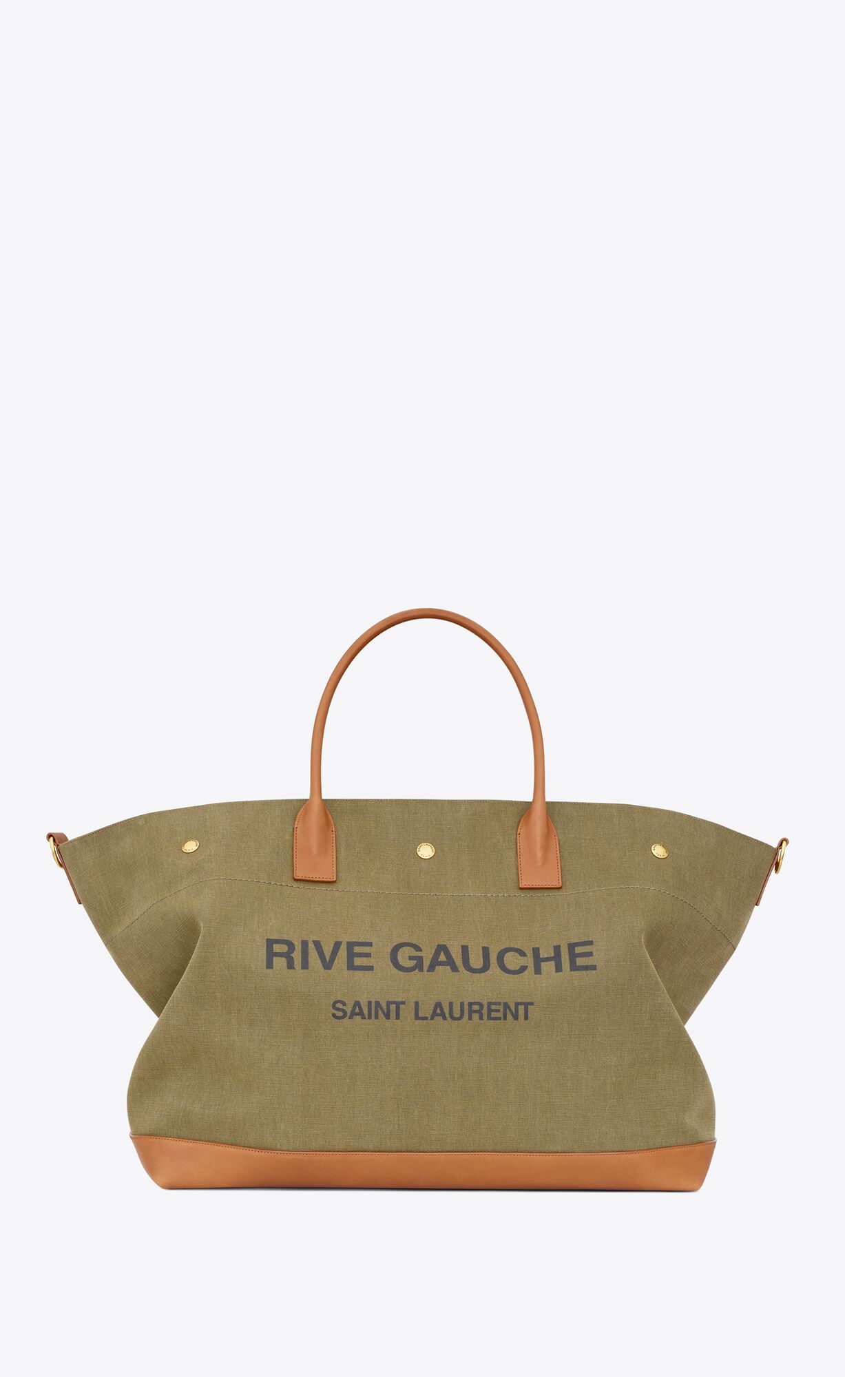 YSL Rive Gauche Maxi Shopping Bag In Canvas And Vegetable-tanned Leather Khaki And Brick | KWONS1203